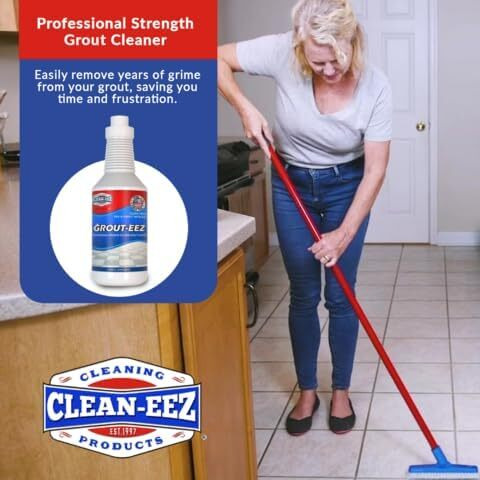 Clean-Eez Grout Cleaner 2 Pack With Free Stand-Up Brush - Stain Remover Heavy-Duty Scrubber - Bathroom Shower Ceramic Porcelain - Easy Control Flip Top Cap - 32 Oz.