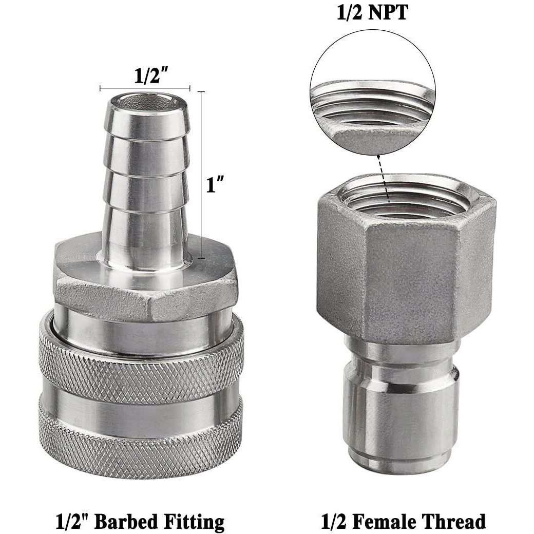 Ferroday Stainless Steel Quick Disconnect Set 1/2 Npt Female Disconnect 1/2"" Barb Brewing Quick Disconnect For Wort Pumps For Wort Chiller Connectors For Ball Valve Hose Fitting & O-Rings