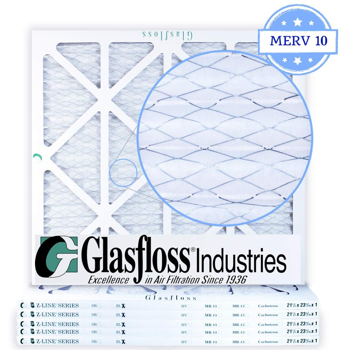 Glasfloss 21-1/2 X 23-5/16 X 1 Air Filters (Case Of 6)  Merv 10  Pleated  Made In Usa