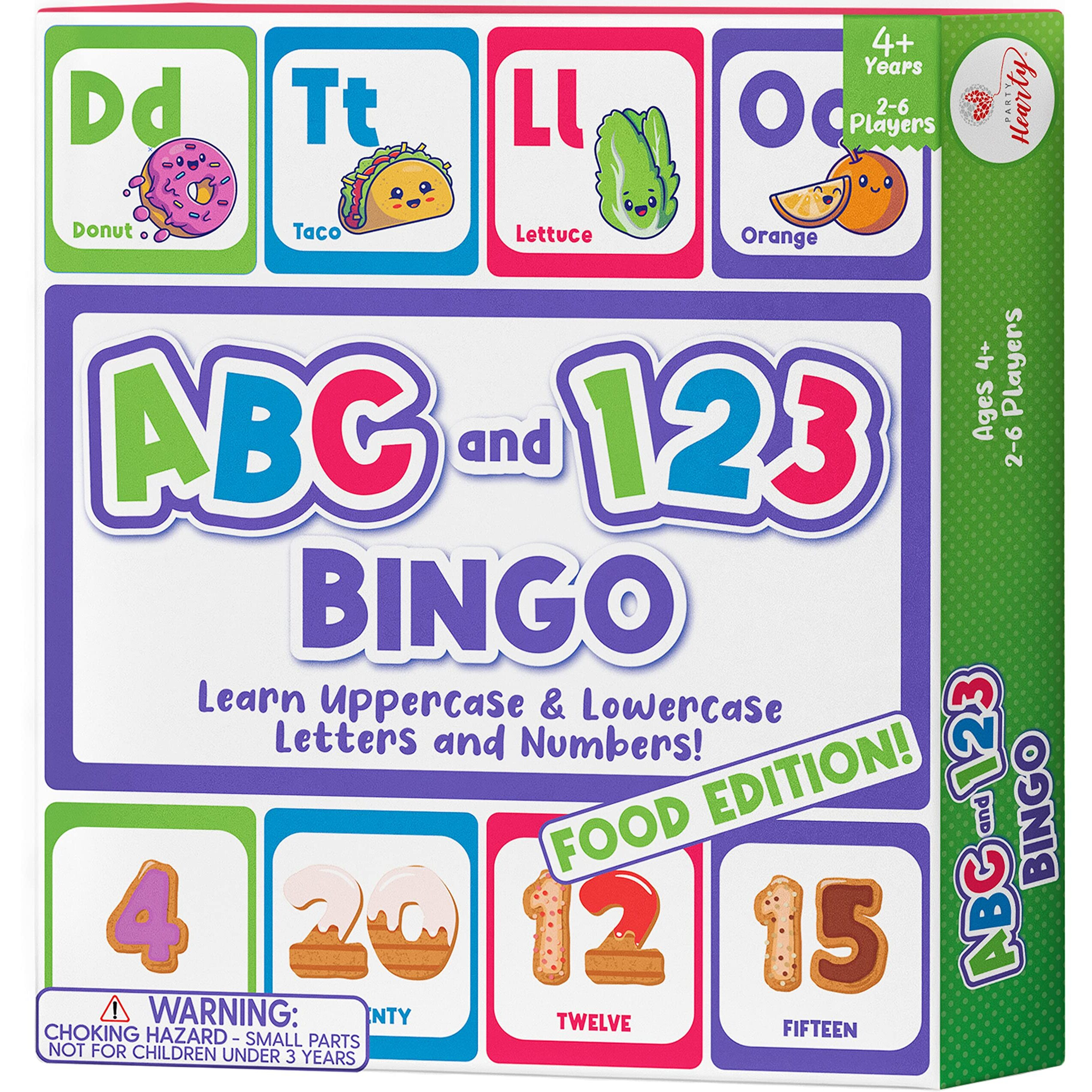 Party Hearty Alphabet And Number  Abc And 123 Bingo Board Game For Kindergarten And Preschool Kids Learn To Read Fun 2 Versions For Ages 4 And Up (Food Edition)