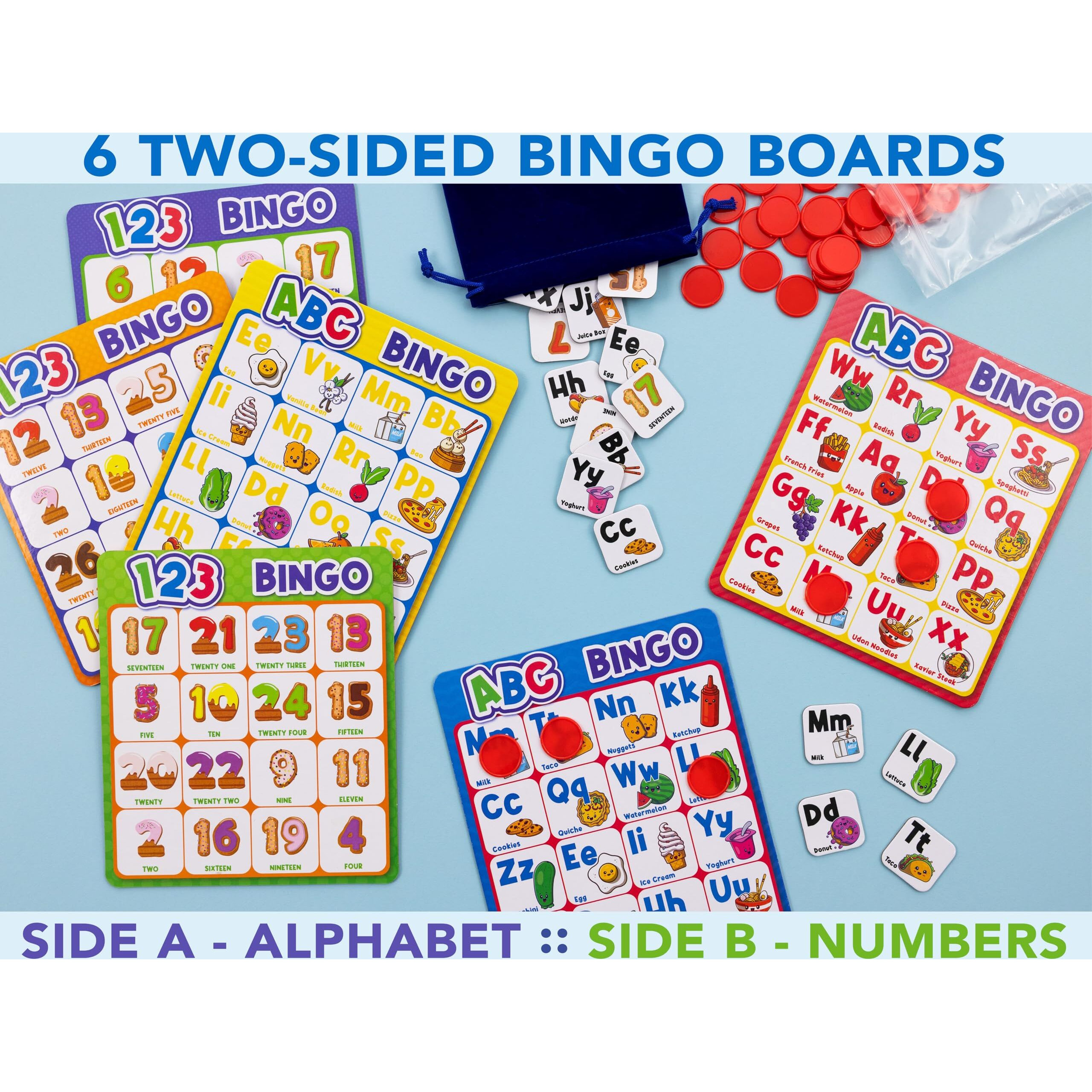 Party Hearty Alphabet And Number  Abc And 123 Bingo Board Game For Kindergarten And Preschool Kids Learn To Read Fun 2 Versions For Ages 4 And Up (Food Edition)