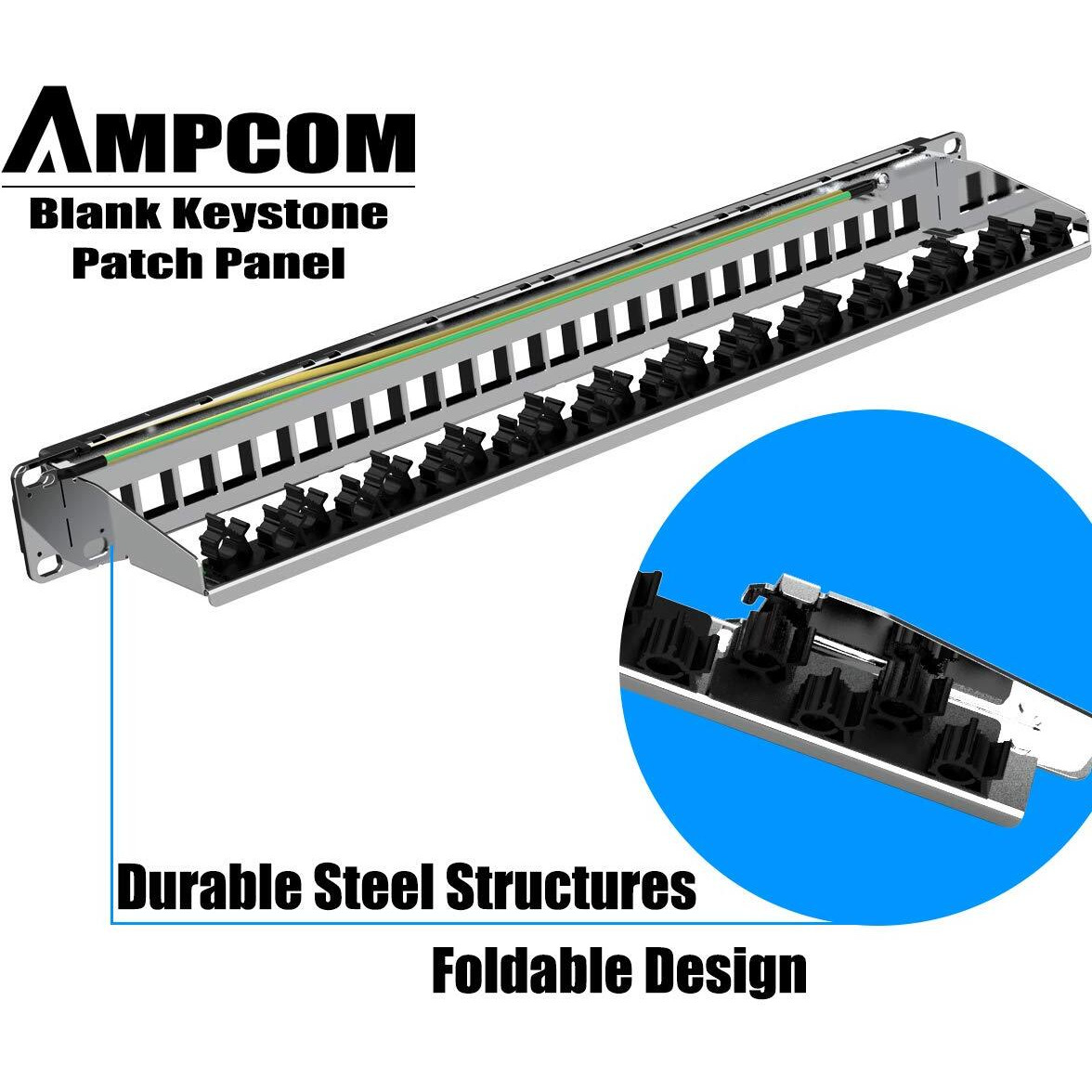 Ampcom 24 Ports 1U Blank Keystone Patch Panel  19 Inch Rack Or Wall Mount With Rear Cable Management Panel For Ethernet Cat5E/Cat6/Cat7  Usb  Hdmi