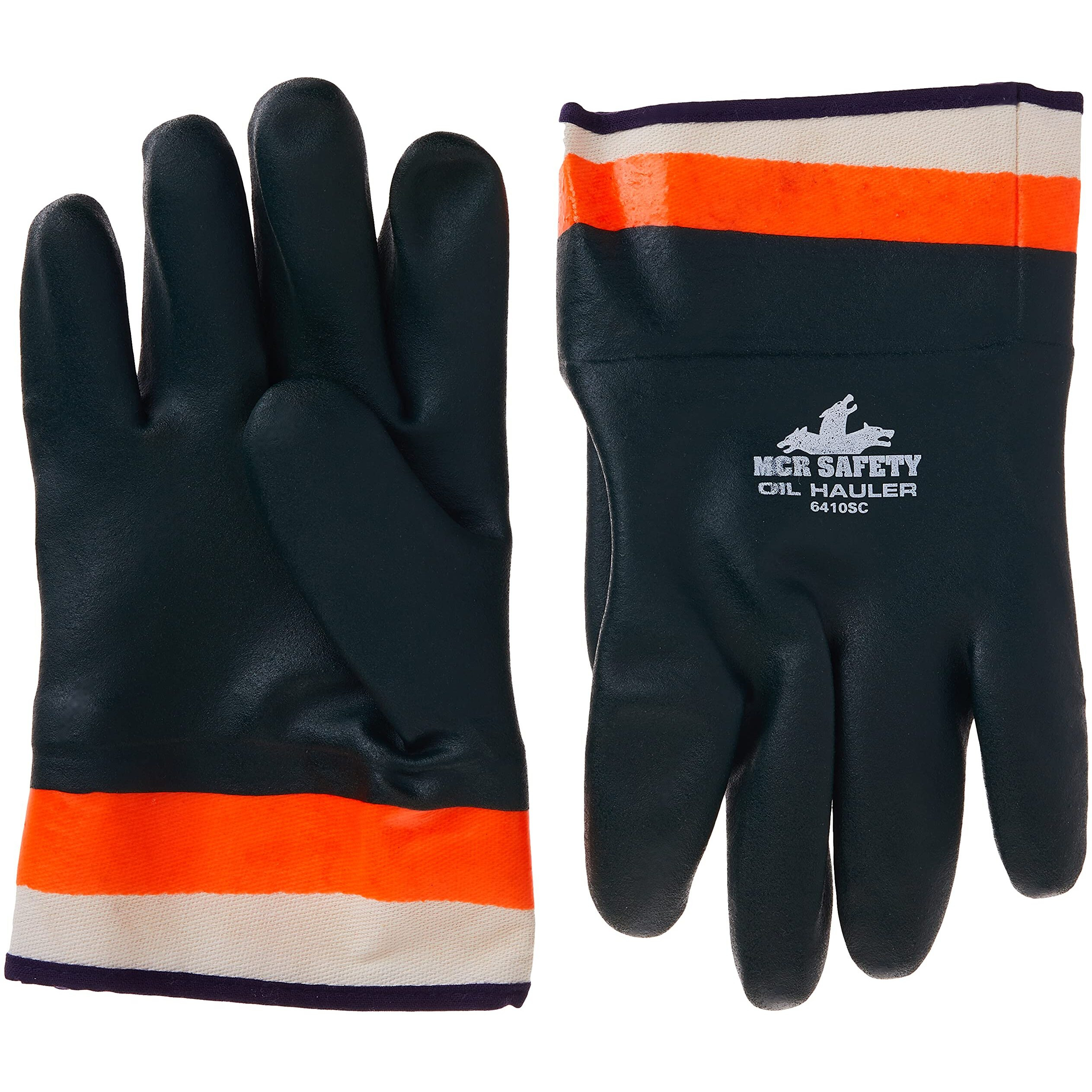 Mcr Safety 6410Sc Double-Dipped Pvc Jersey Lined Sandpaper Finish Men's Gloves With Plasticized Safety Cuff  Green/Orange  Large  1-Pair