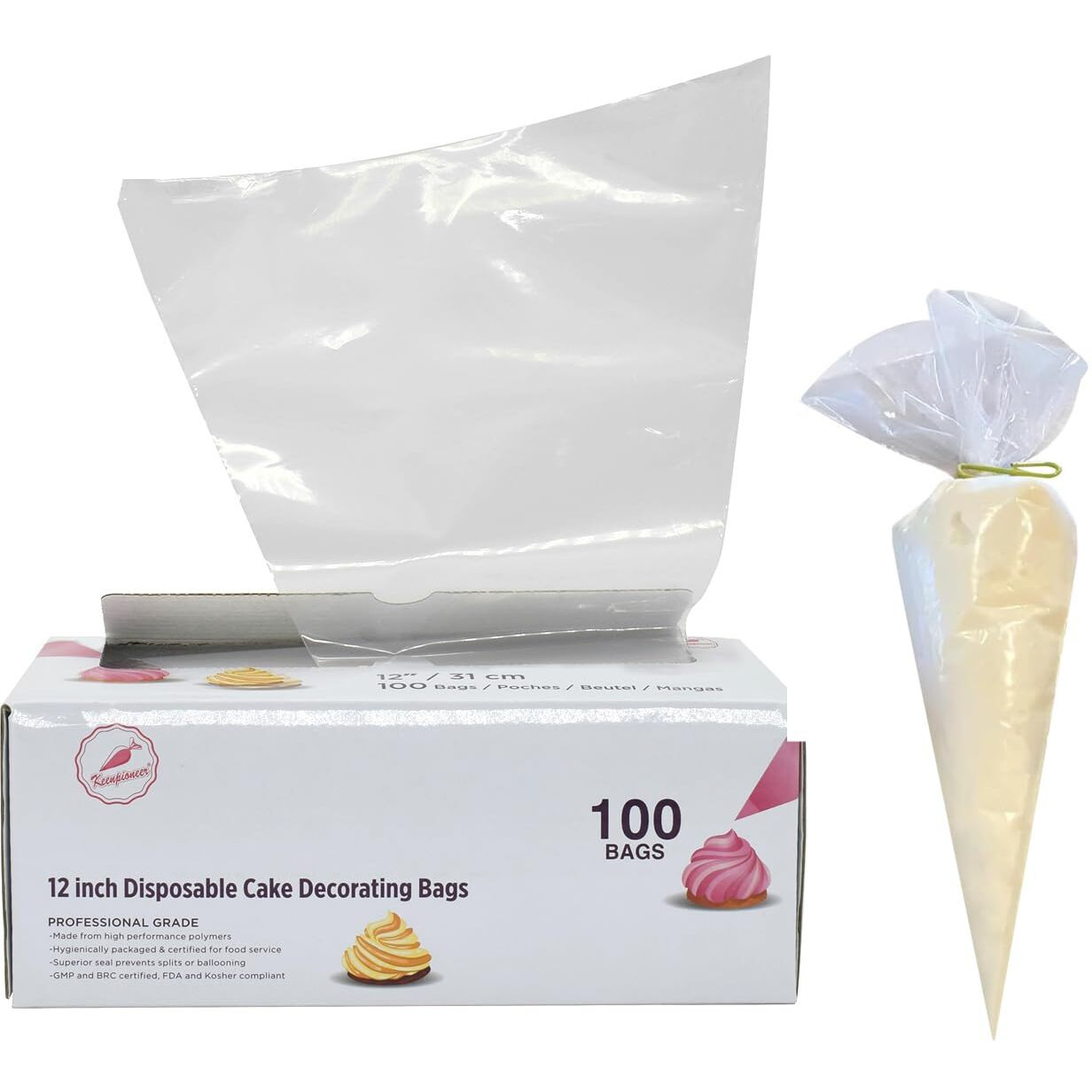 Keenpioneer Piping Bag - Disposable Cake Decorating Bag 100 Count  12 Inch  Clear (Pack May Vary)