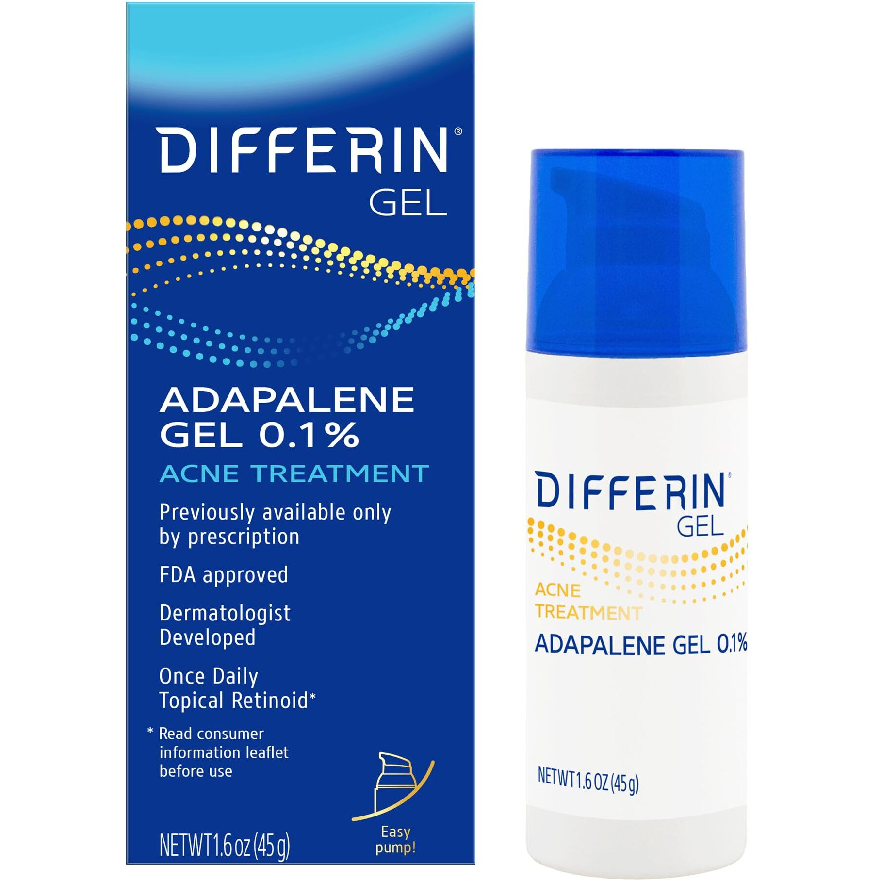 Differin Acne Treatment Gel  90 Day Supply  Retinoid Treatment For Face With 0.1% Adapalene  Gentle Skin Care For Acne Prone Sensitive Skin  45G Pump (Packaging May Vary)