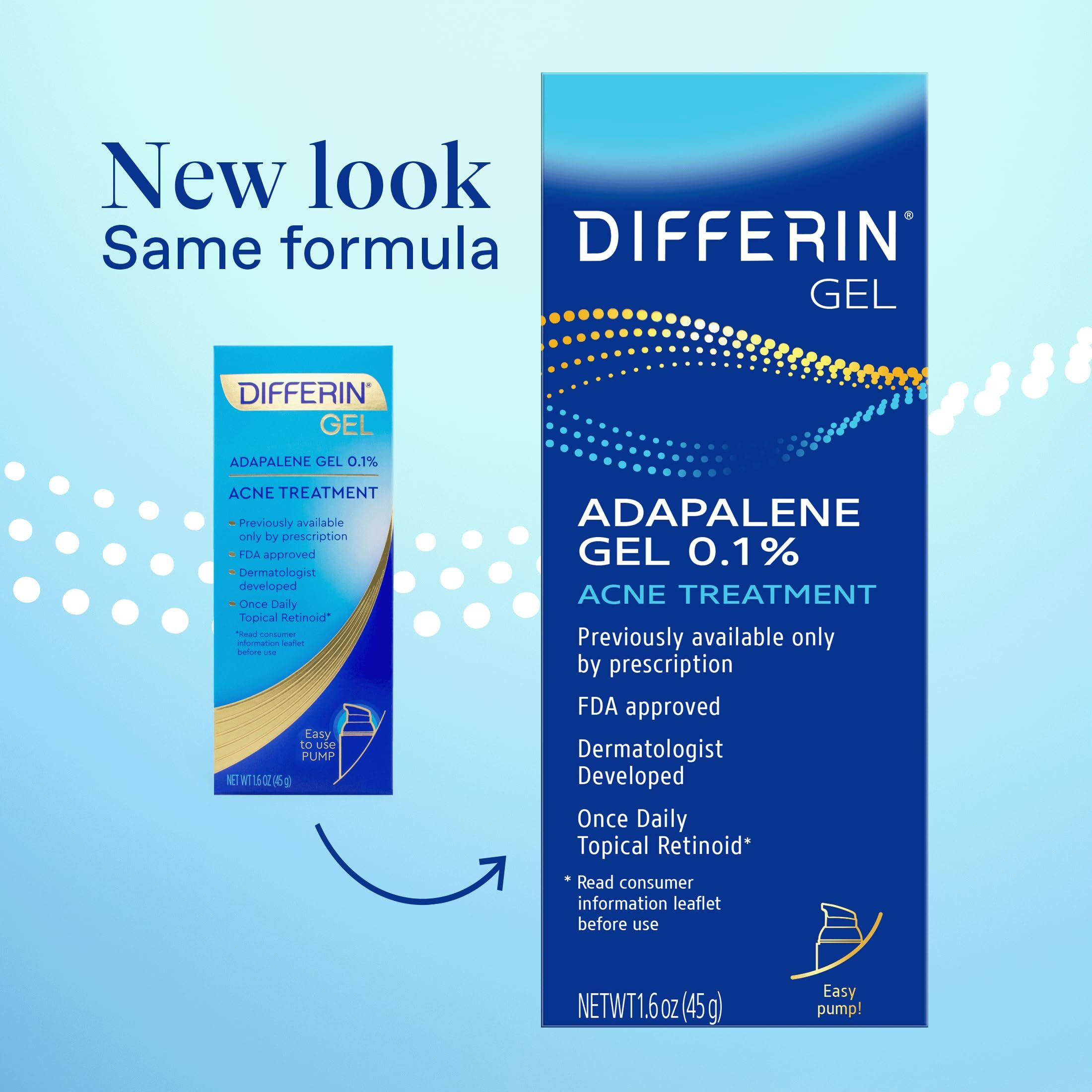 Differin Acne Treatment Gel  90 Day Supply  Retinoid Treatment For Face With 0.1% Adapalene  Gentle Skin Care For Acne Prone Sensitive Skin  45G Pump (Packaging May Vary)