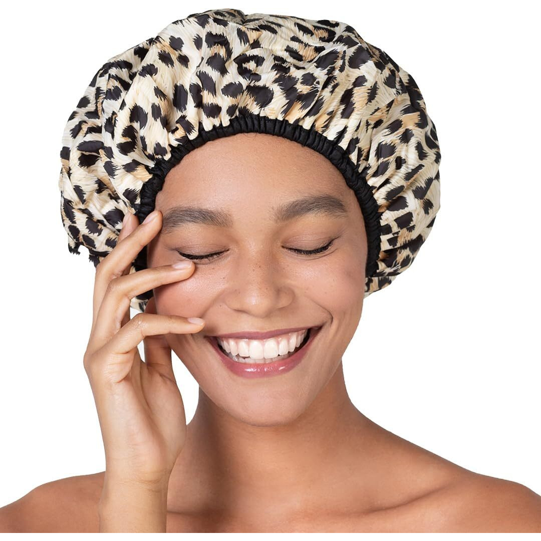 Reusable Nylon Shower Cap & Bath Cap  Reversible Oversized Waterproof Shower Caps Large Designed For All Hair Lengths W Terry Lining & Elastic Band Stretch Hem Hair Hat - Socialite Safari Spots