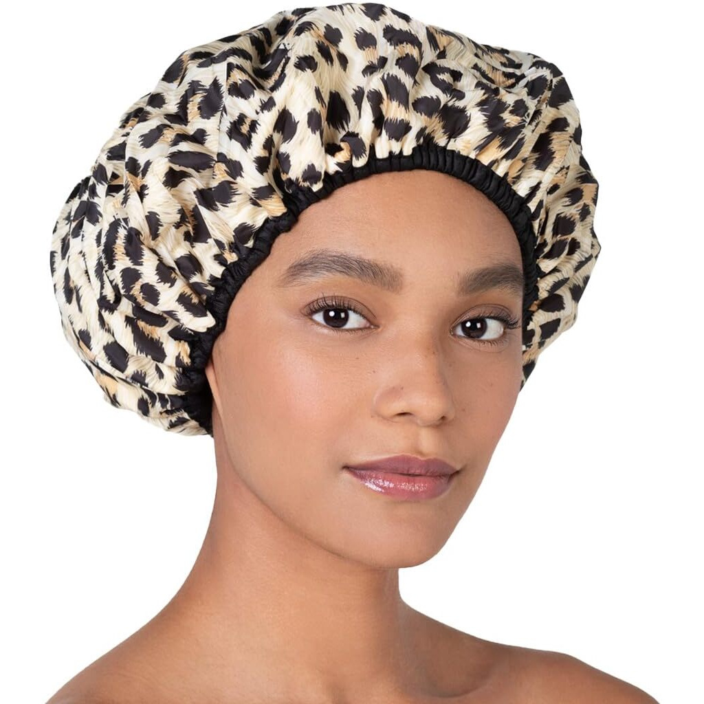 Reusable Nylon Shower Cap & Bath Cap  Reversible Oversized Waterproof Shower Caps Large Designed For All Hair Lengths W Terry Lining & Elastic Band Stretch Hem Hair Hat - Socialite Safari Spots