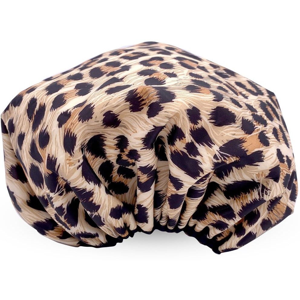 Reusable Nylon Shower Cap & Bath Cap  Reversible Oversized Waterproof Shower Caps Large Designed For All Hair Lengths W Terry Lining & Elastic Band Stretch Hem Hair Hat - Socialite Safari Spots