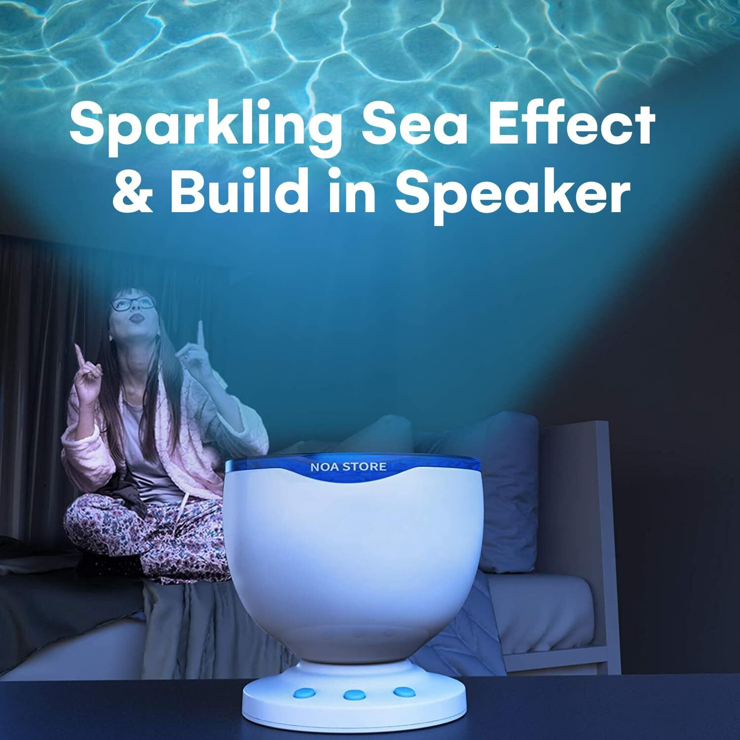 Noa Store Sensory Led Room Lights - Light Projector For Bedroom - Ocean Waves Projection Lamp With Calming Music - Night Light For Kids - Blue Ceiling Projector Lamps For Adults And Children