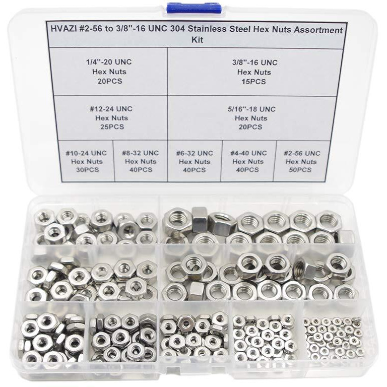 Hvazi 2-56 To 3/8""-16 Unc 304 Stainless Steel Hex Nuts Assortment Kit