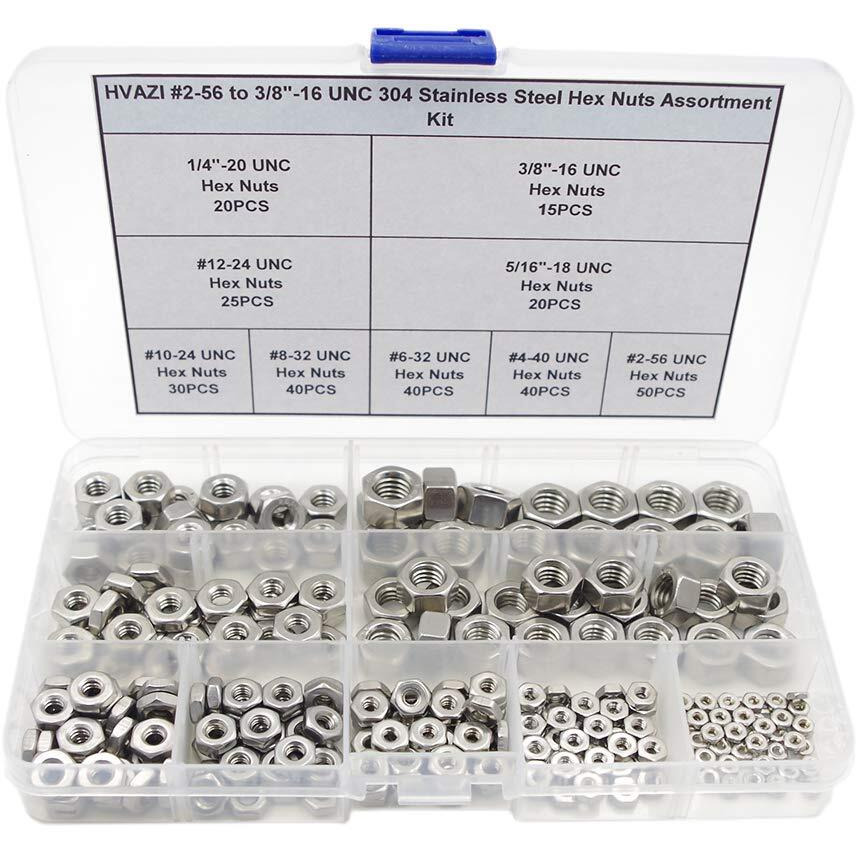 Hvazi 2-56 To 3/8""-16 Unc 304 Stainless Steel Hex Nuts Assortment Kit