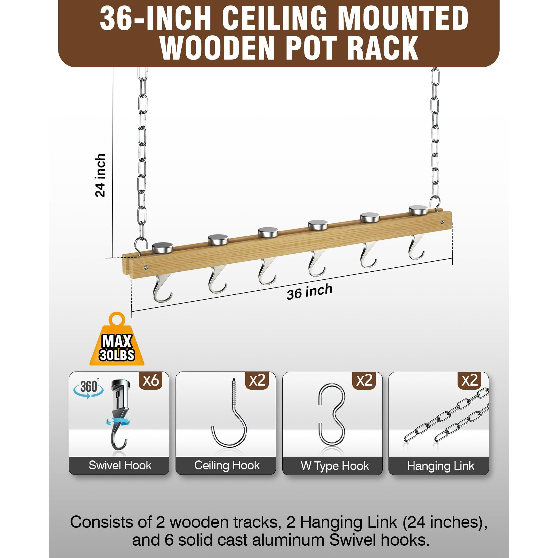 Cooks Standard Nc-00269 Standard  Single Bar  36-Inch Ceiling Mounted Wooden Pot Rack  Brown