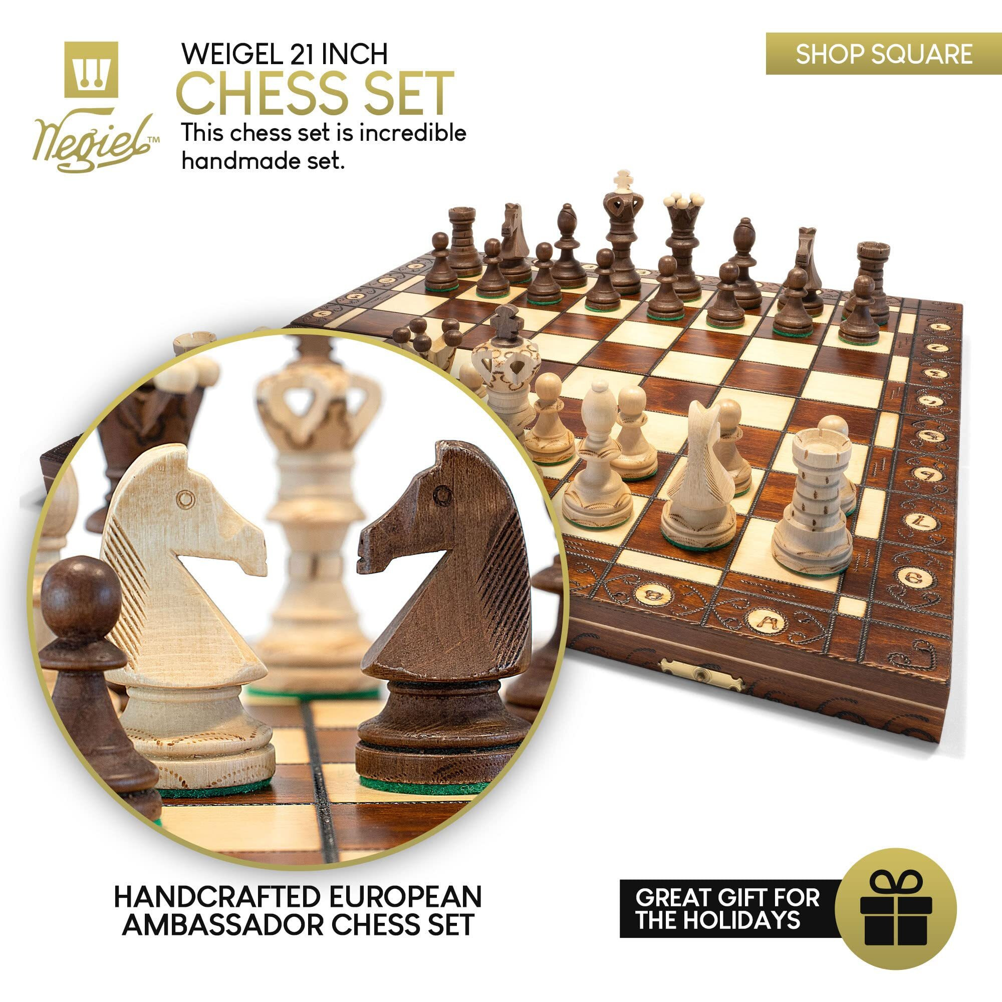 Wegiel Handmade European Ambassador Chess Set - Wooden 21 Inch Beech & Birch Board With Felt Base - Carved Hornbeam & Sycamore Wood Chess Pieces