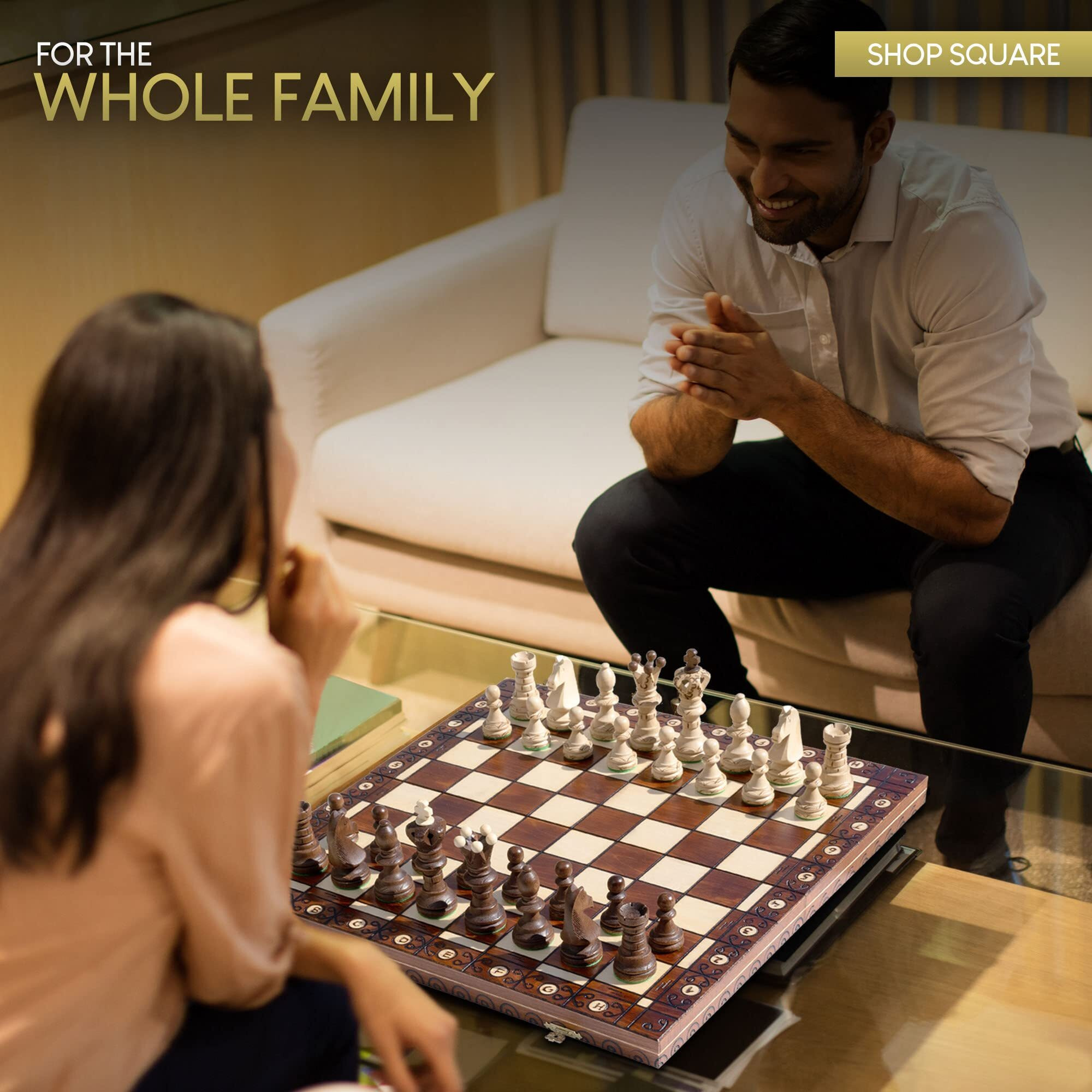 Wegiel Handmade European Ambassador Chess Set - Wooden 21 Inch Beech & Birch Board With Felt Base - Carved Hornbeam & Sycamore Wood Chess Pieces