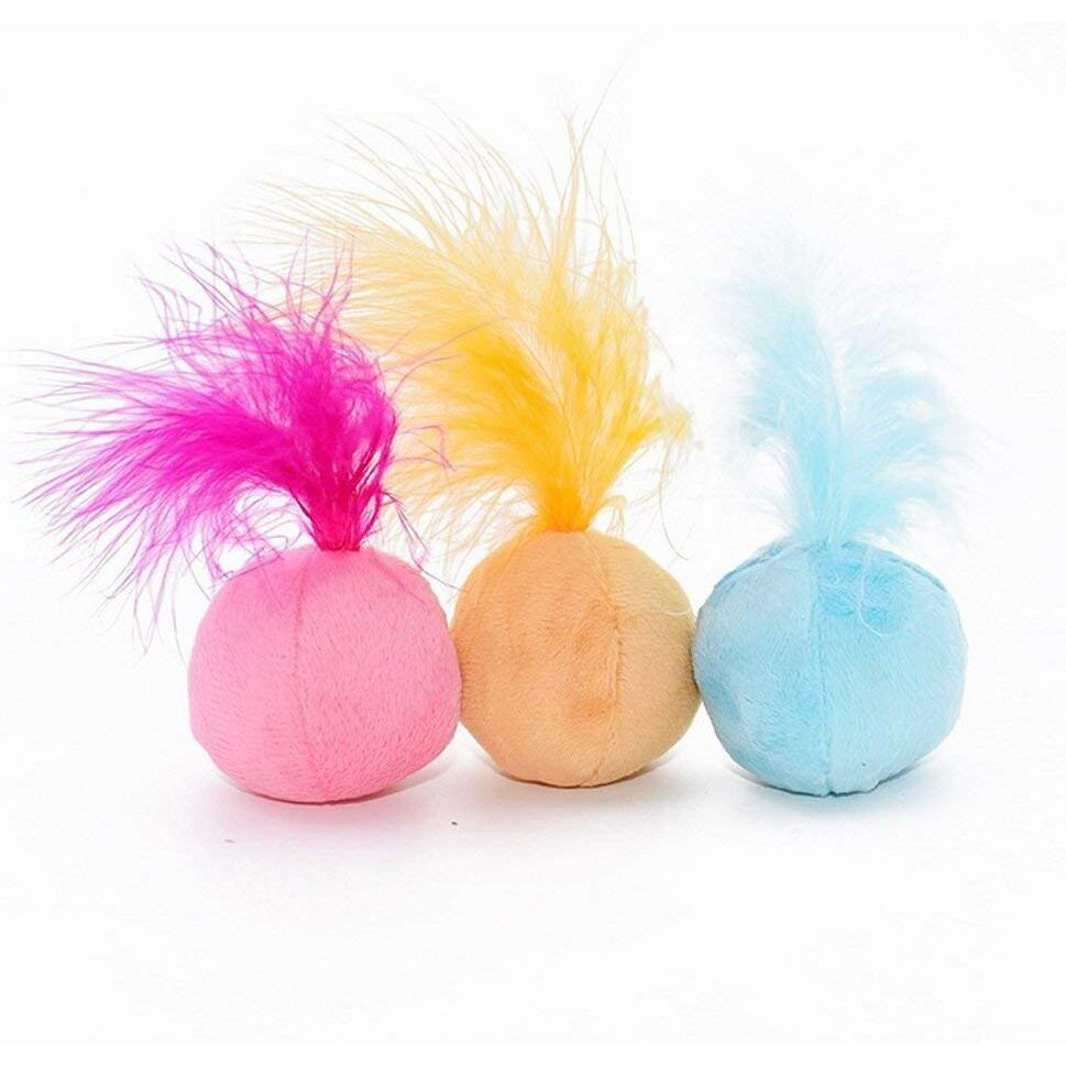 Petfavorites Furry Rattle Ball Cat Toy With Feather And Catnip - Interactive Pom Pom Balls For Cats  Soft And Lightweight  2 Inch  3 Pack.