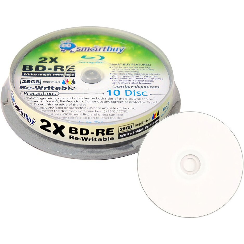 10 Pack Smartbuy 2X 25Gb Blue Blu-Ray Bd-Re Rewritable White Inkjet Hub Printable Blank Bluray Disc
