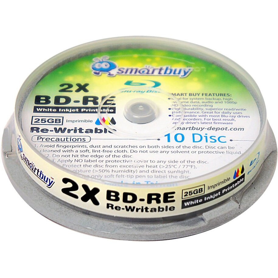 10 Pack Smartbuy 2X 25Gb Blue Blu-Ray Bd-Re Rewritable White Inkjet Hub Printable Blank Bluray Disc