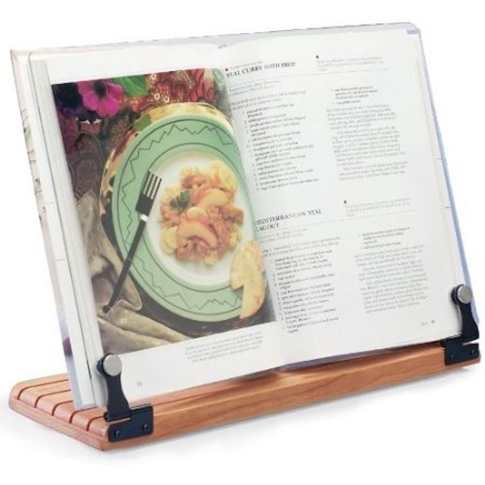 Deluxe Large Cookbook Holder - Acrylic Shield With Cherry Wood Base - Made In The Usa