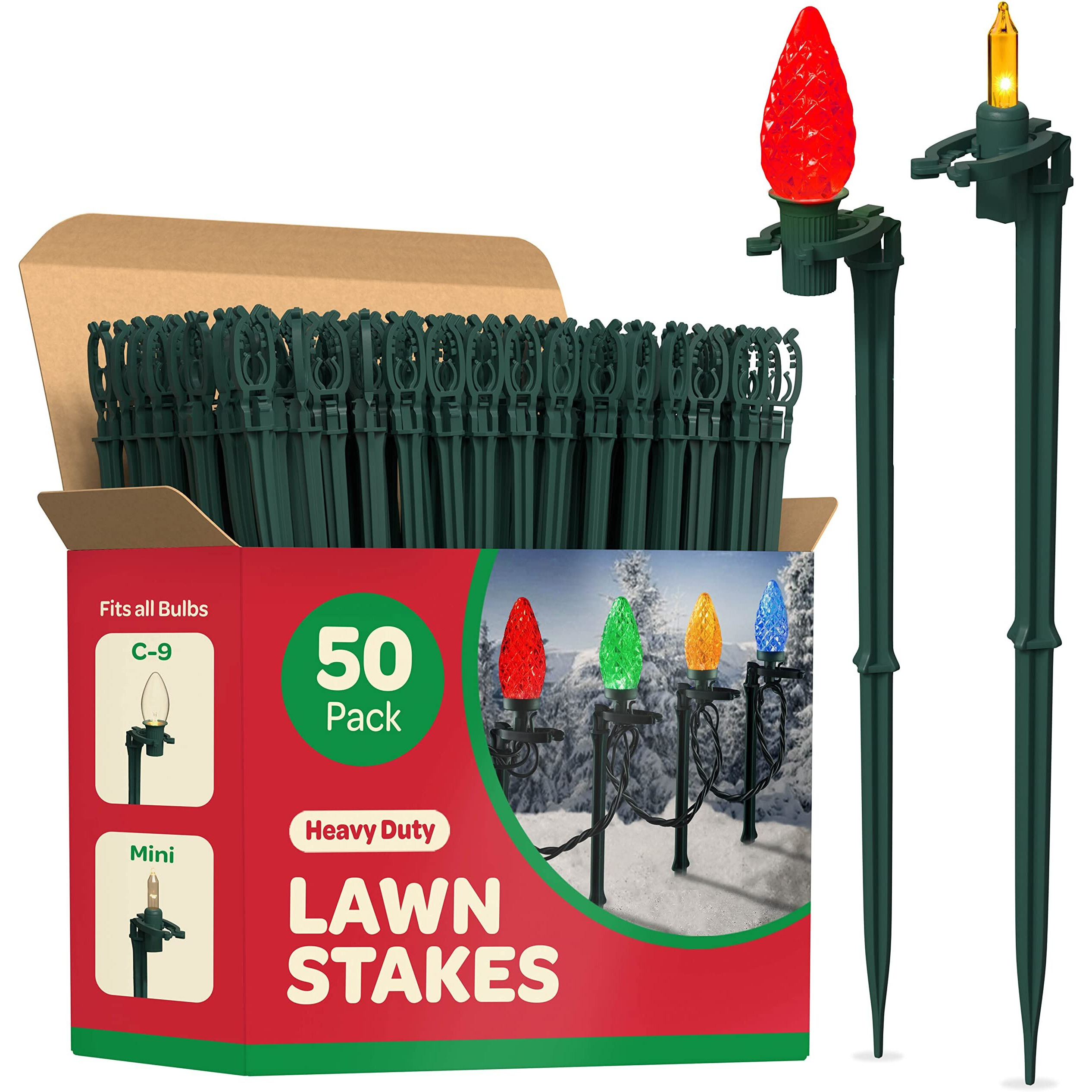 Christmas Light Yard Stakes [Set Of 50] Outdoor Light Stakes - 8.5"" Tall - Universal Christmas Pathway Lights On Yards  Driveways - Christmas Yard Stakes - Driveway Christmas Light Stakes - Usa Made