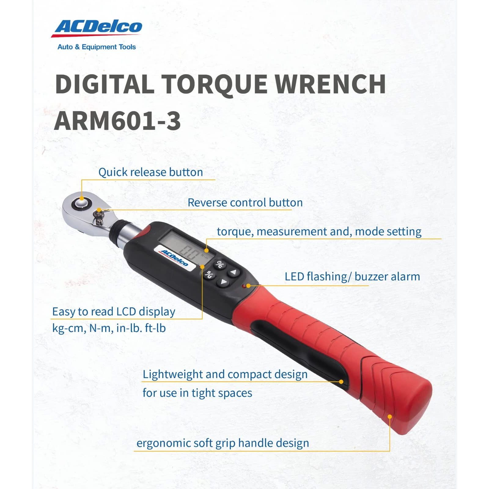 Acdelco Arm601-3 3/8  (3.7 To 37 Ft-Lbs.) Digital Torque Wrench With Buzzer And Led Flash Notification - Iso 6789 Standards With Certificate Of Calibration