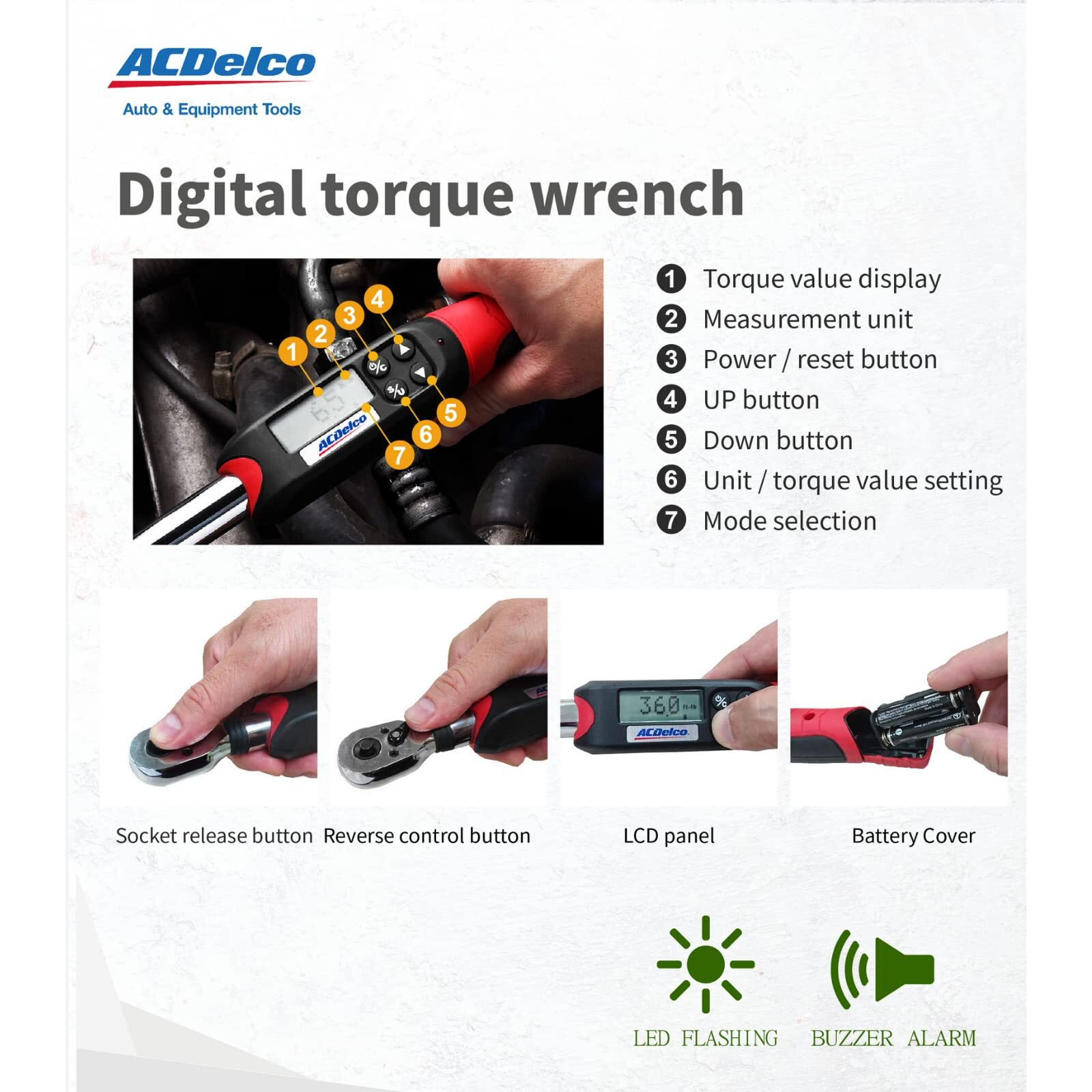 Acdelco Arm601-3 3/8  (3.7 To 37 Ft-Lbs.) Digital Torque Wrench With Buzzer And Led Flash Notification - Iso 6789 Standards With Certificate Of Calibration