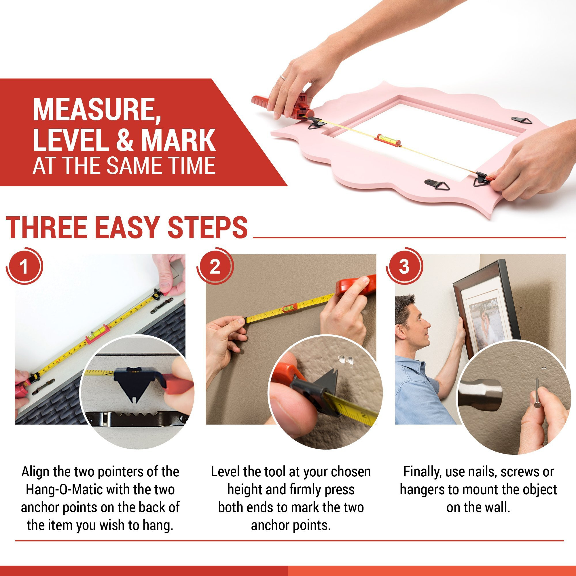 Hang-O-Matic All-In-One Picture Hanging Tool  Picture Hanger  Picture Frame Level Ruler  Perfect To Hang Pictures  Mirrors  Tvs  And Shelves