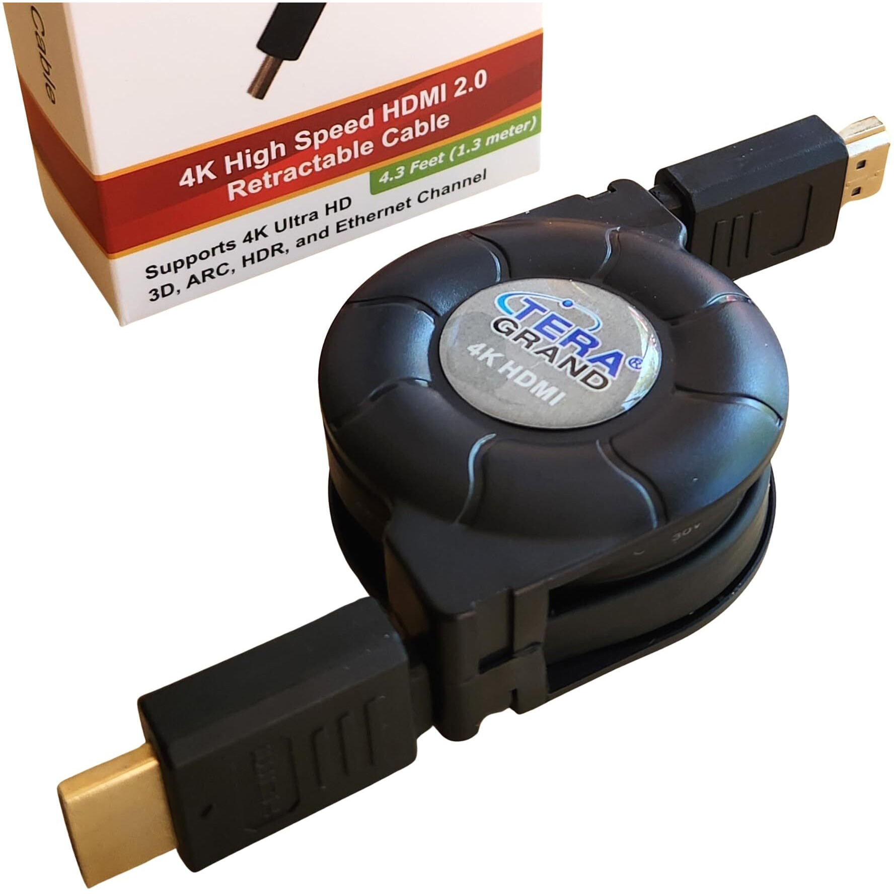 Tera Grand Premium 4K High-Speed Hdmi 2.0 Retractable Cable  Extends Up To 4.25 Feet - Supports 4K Ultra Hd  3D  Arc  Hdr  And Ethernet Channel