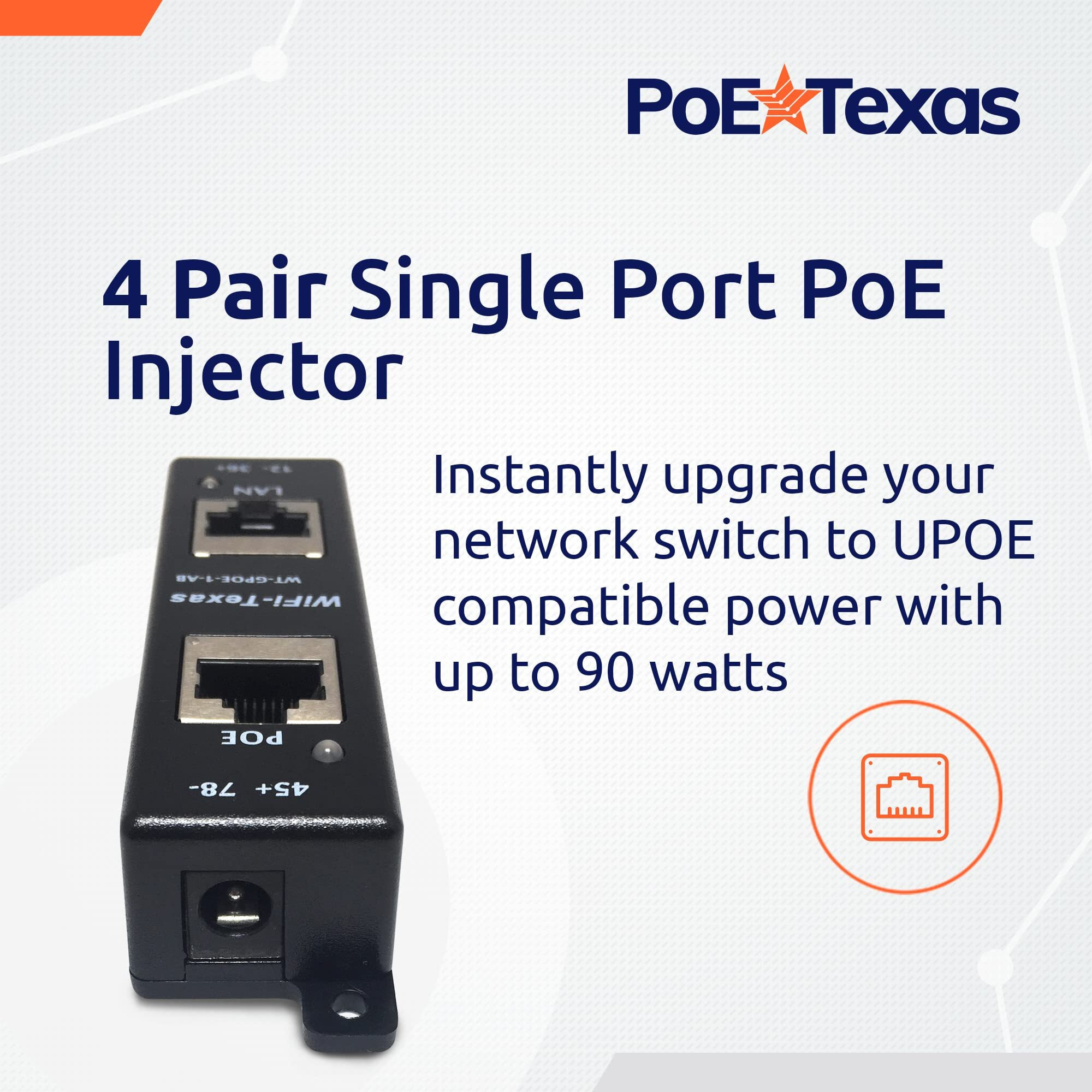 Poe Texas Poe Injector - Single Port 4 Pair Poe+ Injector/Splitter - Power Over Ethernet Passive Poe Adapter For 802.3Af / Poe+ / Poe++ 10/100/1000 Gigabit Data - Mode A/B Wall Mount Plug & Play