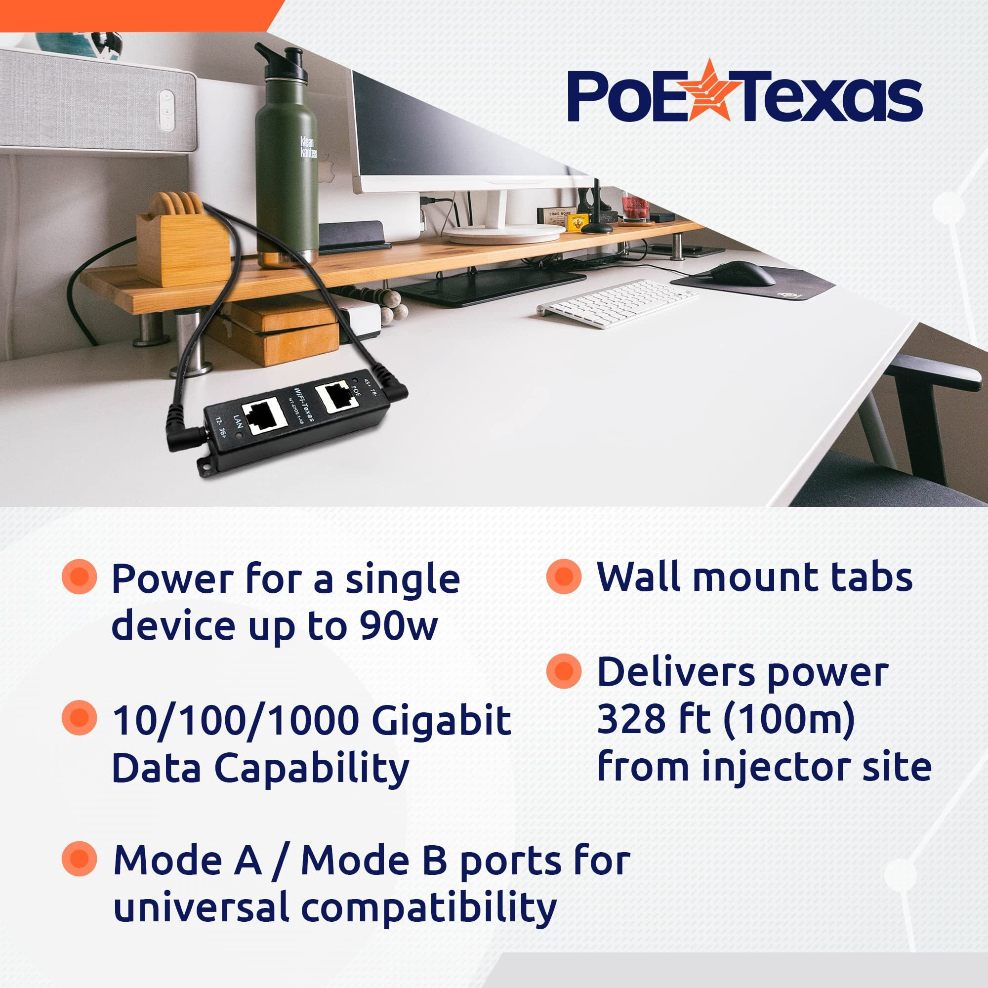 Poe Texas Poe Injector - Single Port 4 Pair Poe+ Injector/Splitter - Power Over Ethernet Passive Poe Adapter For 802.3Af / Poe+ / Poe++ 10/100/1000 Gigabit Data - Mode A/B Wall Mount Plug & Play