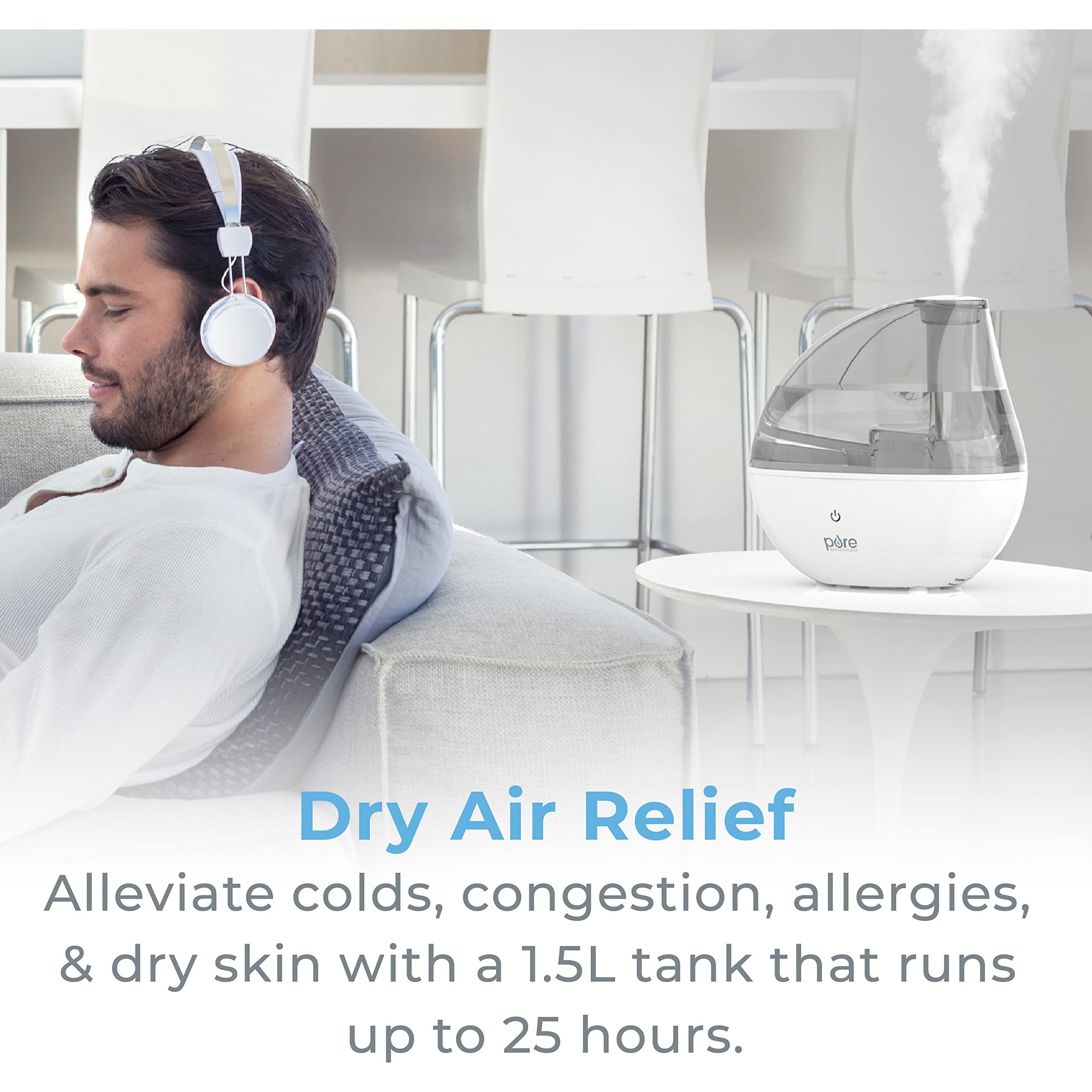 Pure Enrichment Mistaire Silver Ultrasonic Cool Mist Humidifier For Bedroom  Office  Nursery & Indoor Plants - Lasts Up To 25 Hours  Whisper-Quiet Operation  Optional Night Light  & Auto Shut-Off