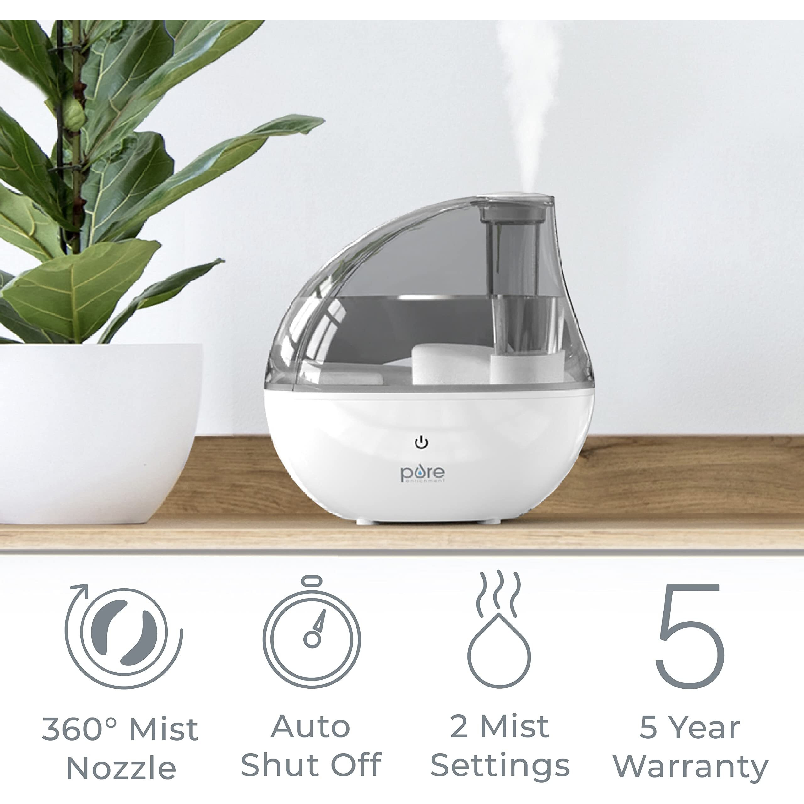 Pure Enrichment Mistaire Silver Ultrasonic Cool Mist Humidifier For Bedroom  Office  Nursery & Indoor Plants - Lasts Up To 25 Hours  Whisper-Quiet Operation  Optional Night Light  & Auto Shut-Off