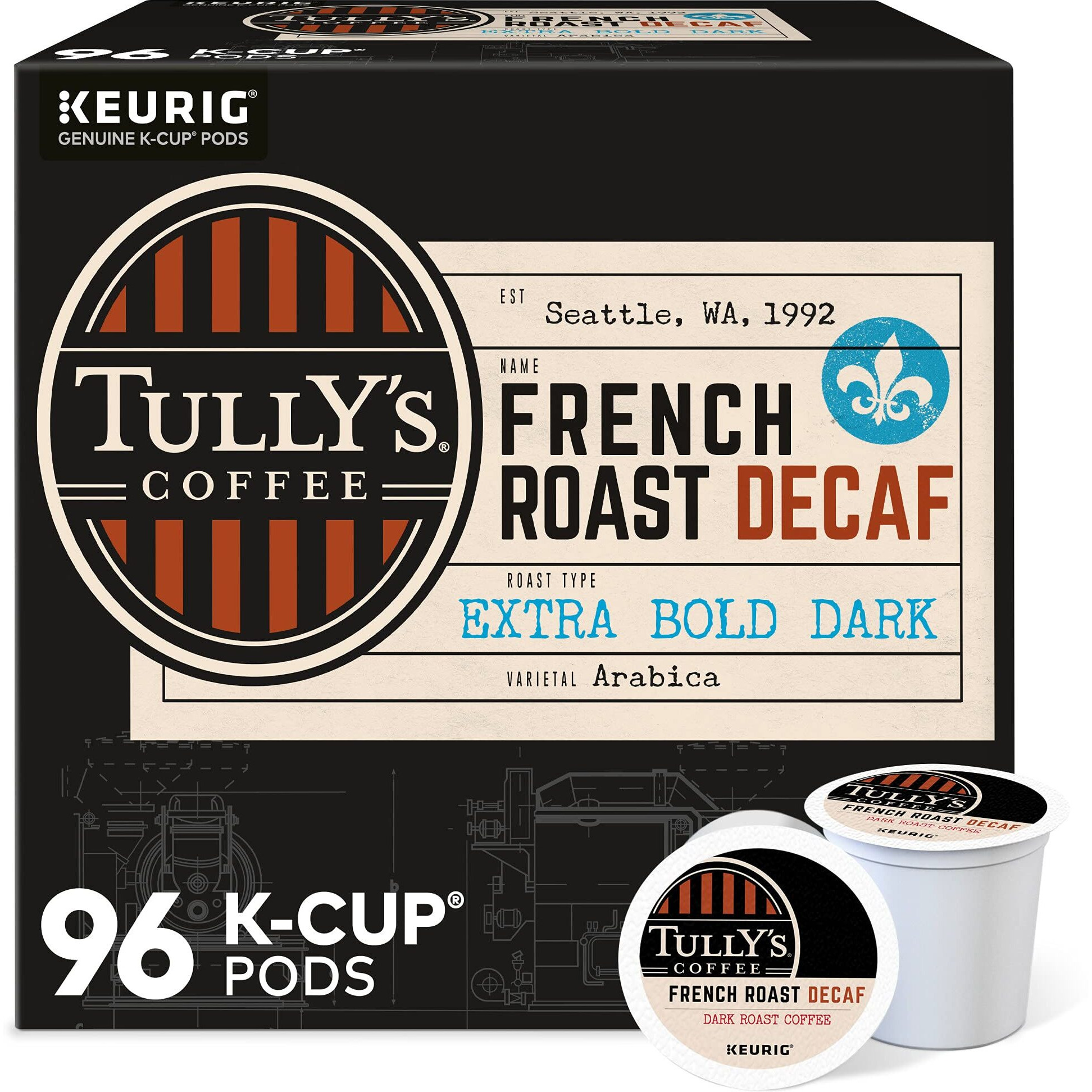 Tully's Coffee French Roast Decaf  Keurig Single-Serve K-Cup Pods  Dark Roast  96 Count (4 Packs Of 24)