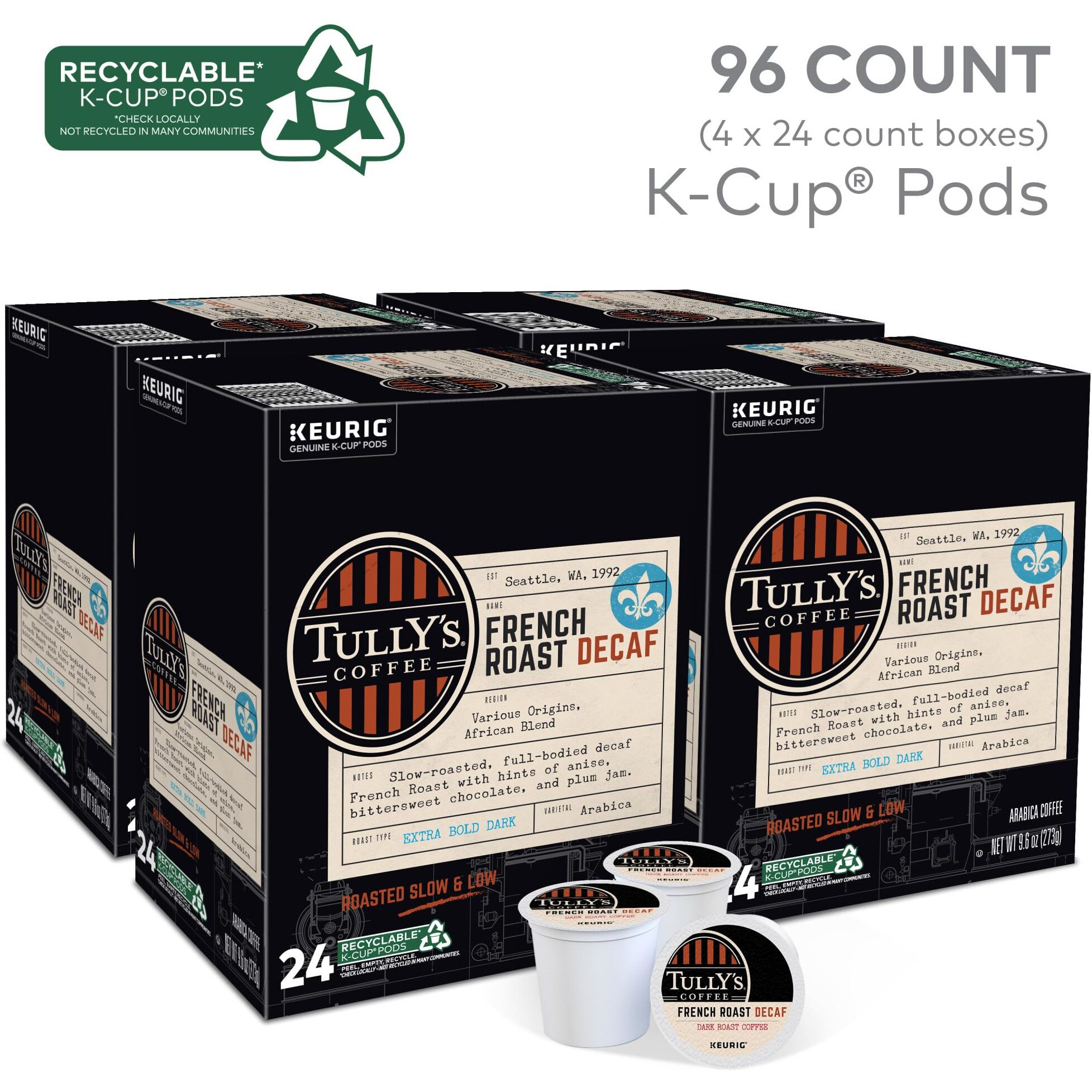 Tully's Coffee French Roast Decaf  Keurig Single-Serve K-Cup Pods  Dark Roast  96 Count (4 Packs Of 24)
