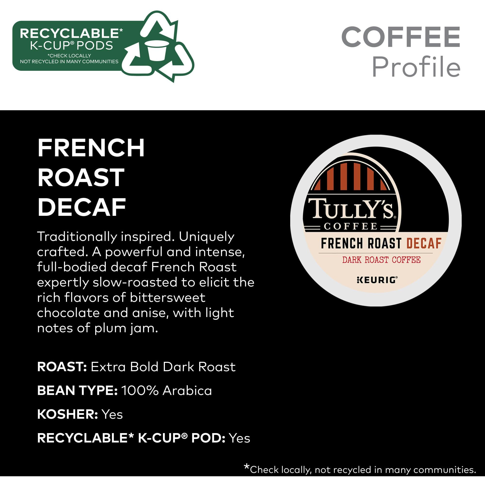 Tully's Coffee French Roast Decaf  Keurig Single-Serve K-Cup Pods  Dark Roast  96 Count (4 Packs Of 24)