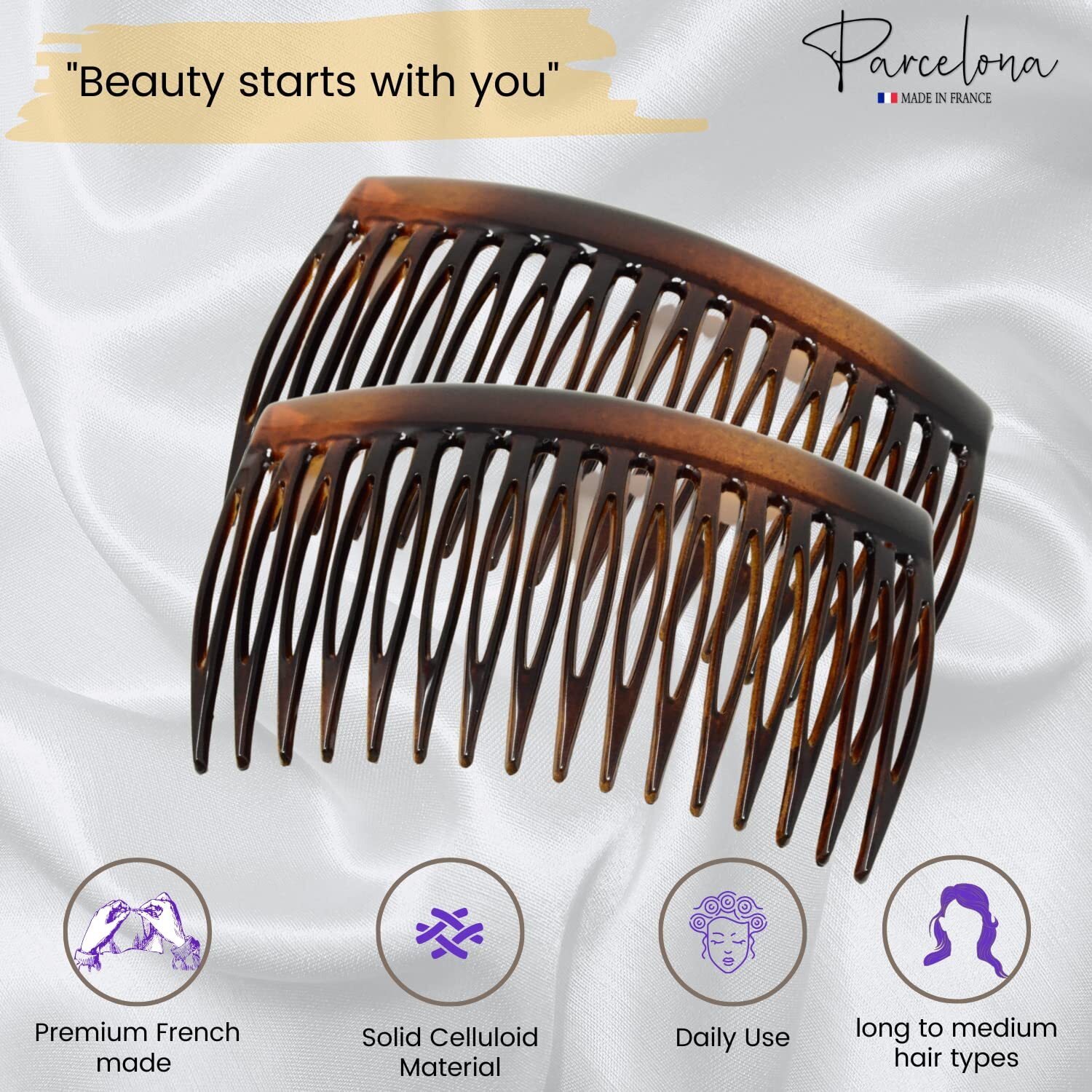Parcelona French Glossy Shell Brown Celluloid 2 Pieces Good Grip Up Do 16 Teeth Hair Side Combs -2.75 Inches (2 Pcs)