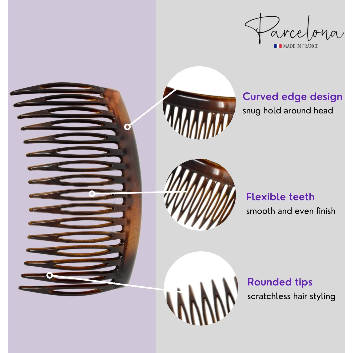 Parcelona French Glossy Shell Brown Celluloid 2 Pieces Good Grip Up Do 16 Teeth Hair Side Combs -2.75 Inches (2 Pcs)