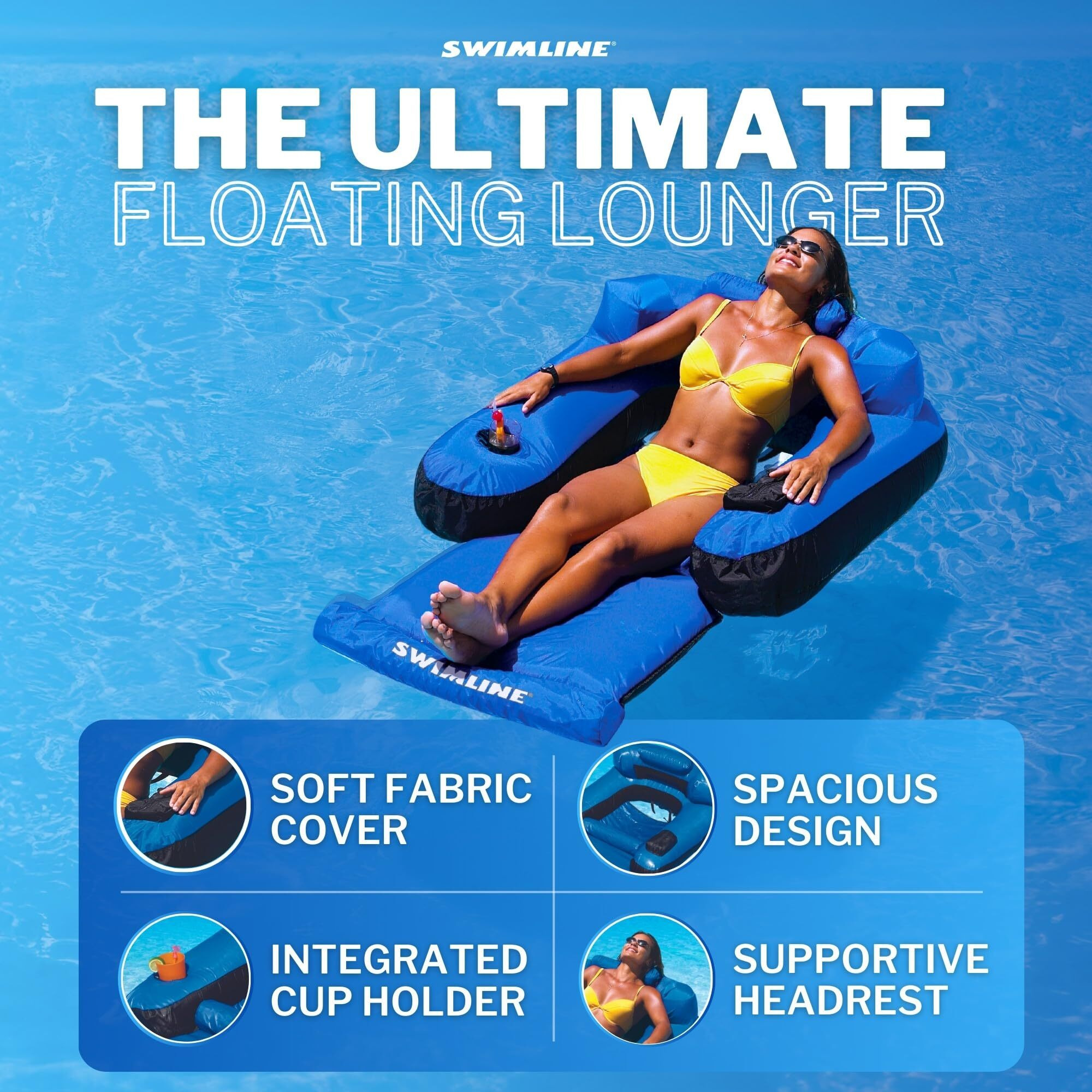 Swimline Original Fabric Covered Pool Float Mattress Ultimate Lounger Raft For Adults & Kids | Back  Leg  & Arm Rests  Cup Holder  & Quick-Dry Cover For Adult Or Kid Floating & Lounging 9047