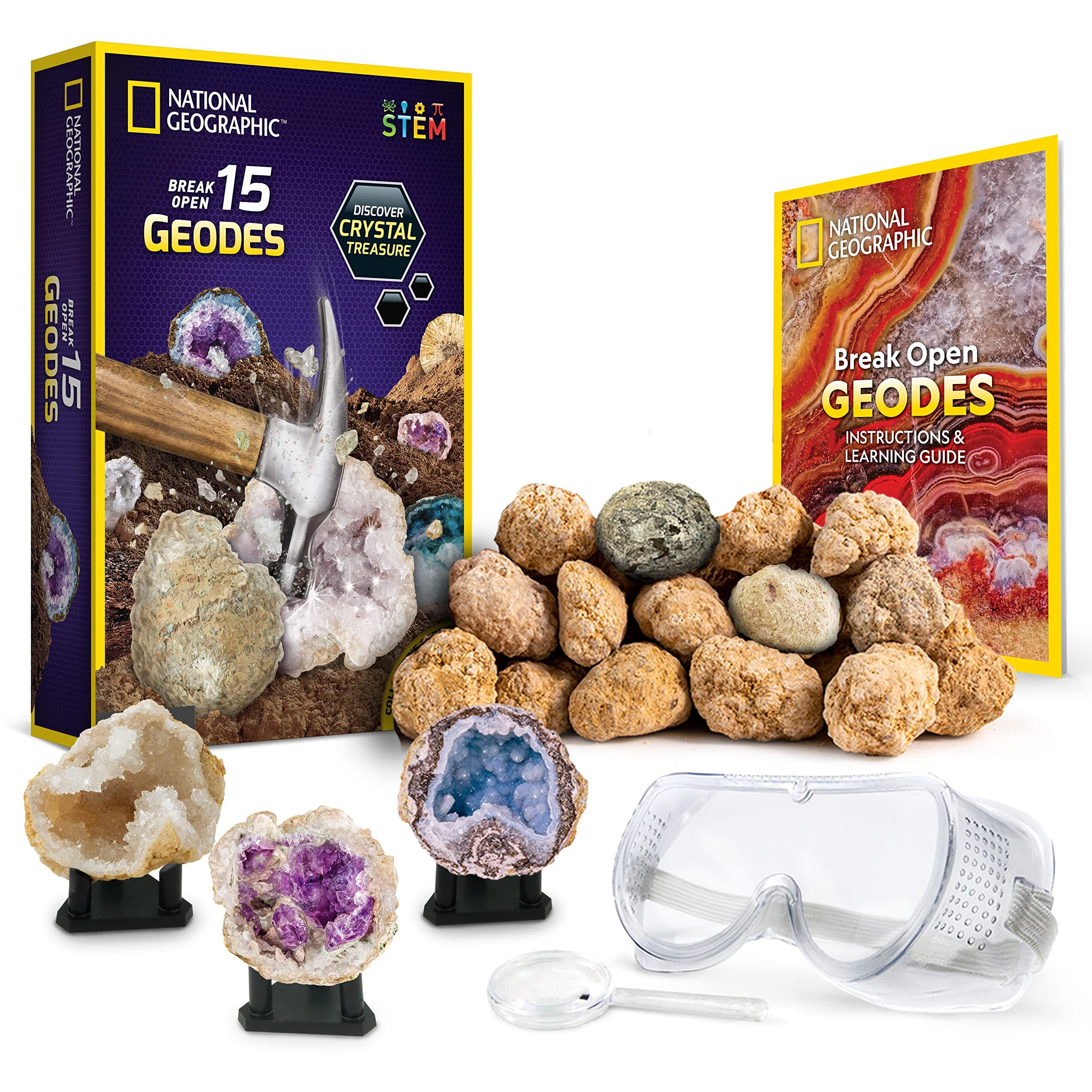 National Geographic Break Open 15 Premium Geodes - With Goggles  Detailed Learning Guide  3 Display Stands  Great Stem Science Toy & Educational Gift