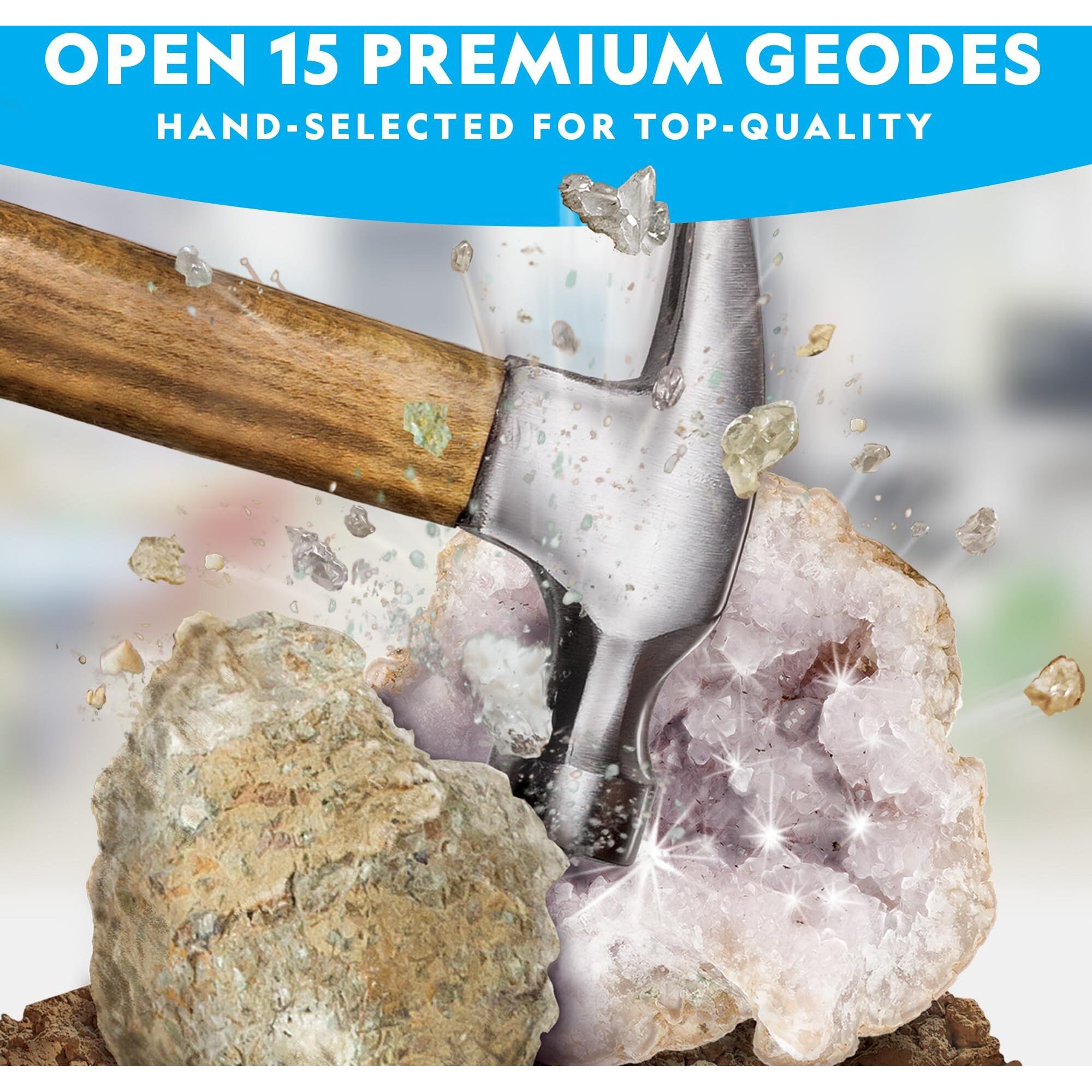 National Geographic Break Open 15 Premium Geodes - With Goggles  Detailed Learning Guide  3 Display Stands  Great Stem Science Toy & Educational Gift