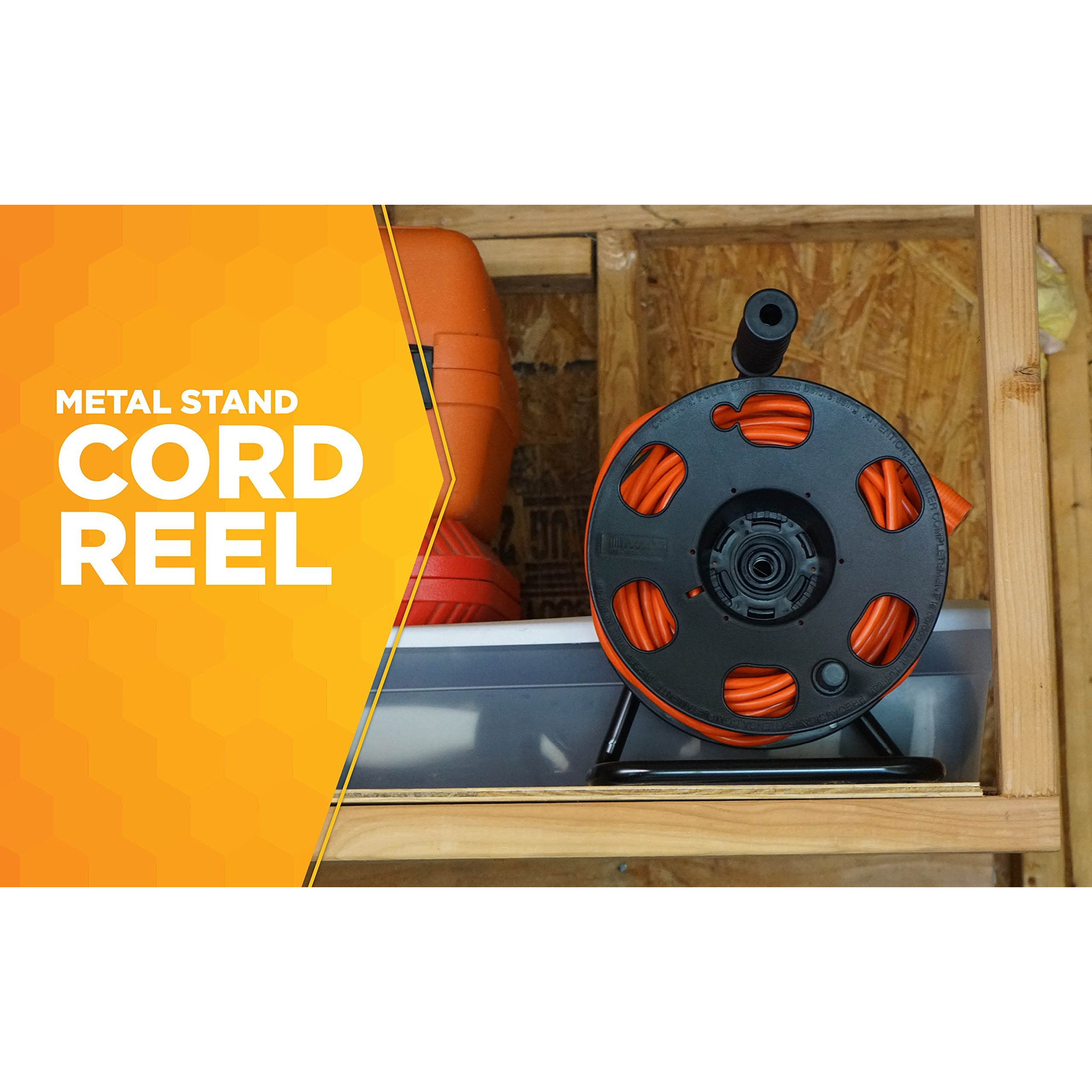 Woods 22849 Metal Extension Cord Reel Stand In Black  Heavy Duty  Quick Snap Together Design  Sturdy And Durable Stand  Easy To Grip Handles  Holds Up To 100 Feet  14/3 Gauge Cord