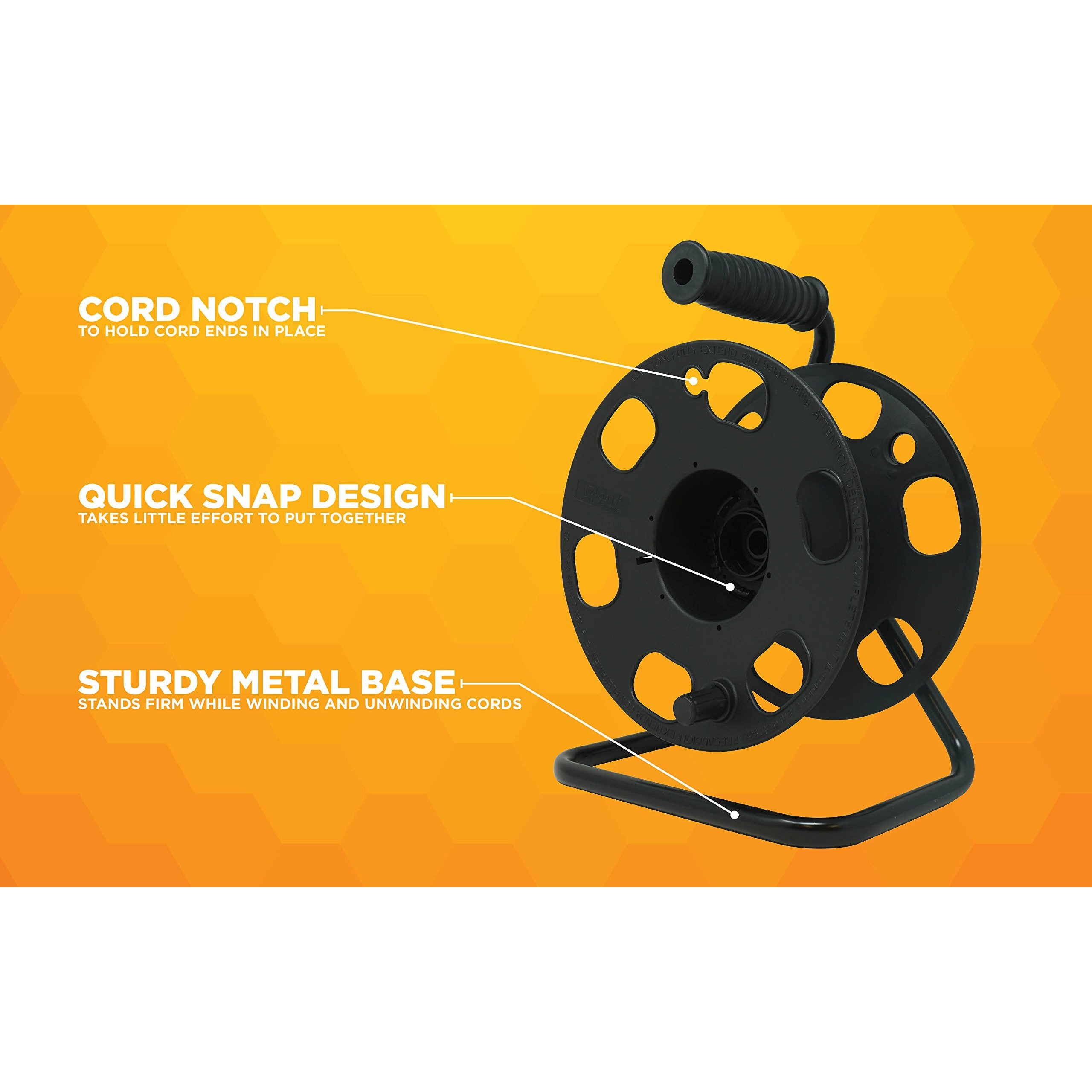 Woods 22849 Metal Extension Cord Reel Stand In Black  Heavy Duty  Quick Snap Together Design  Sturdy And Durable Stand  Easy To Grip Handles  Holds Up To 100 Feet  14/3 Gauge Cord