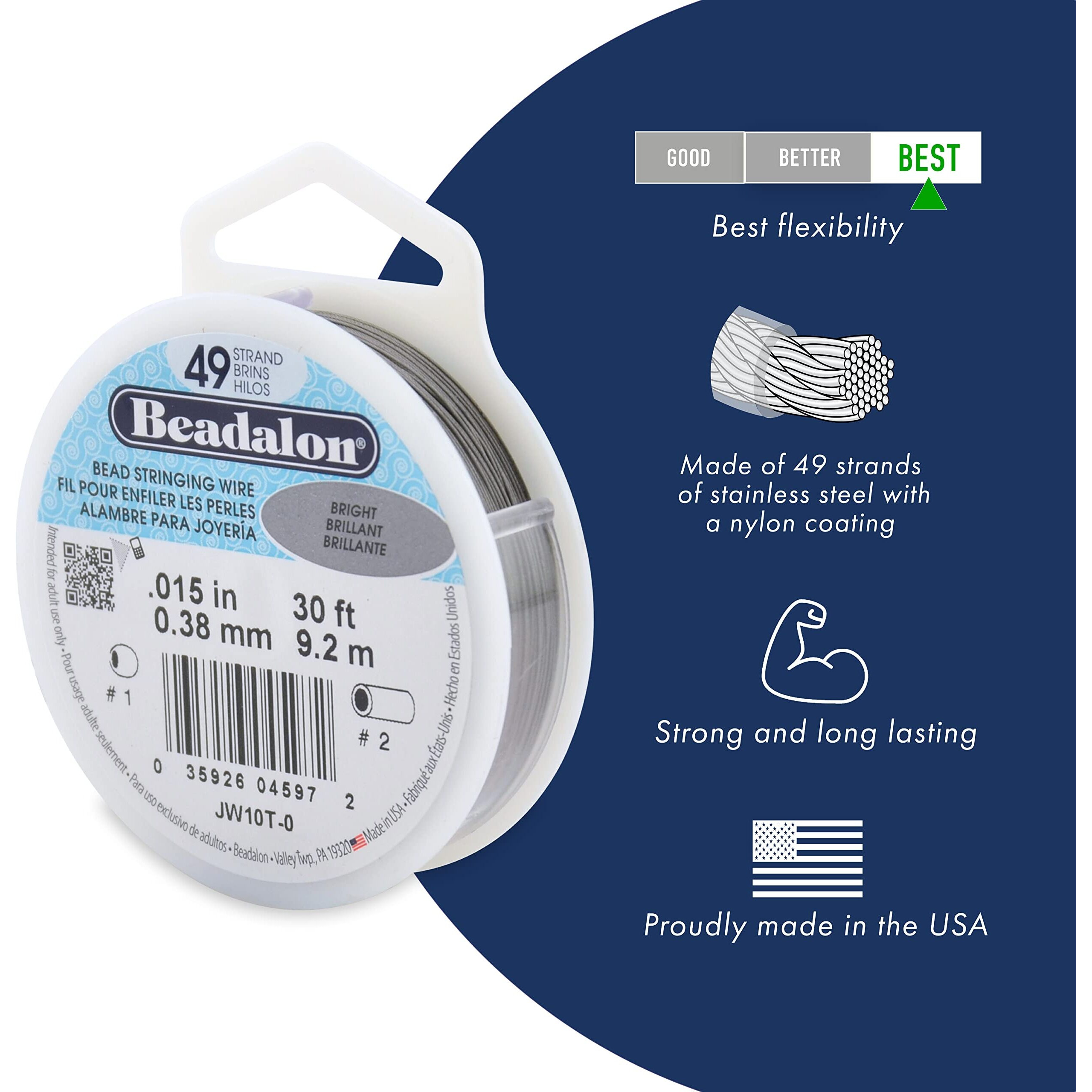Beadalon 49 Strand Stainless Steel Bead Stringing Wire  .018 In / 0.46 Mm  Bright  10 Ft / 3.1 M