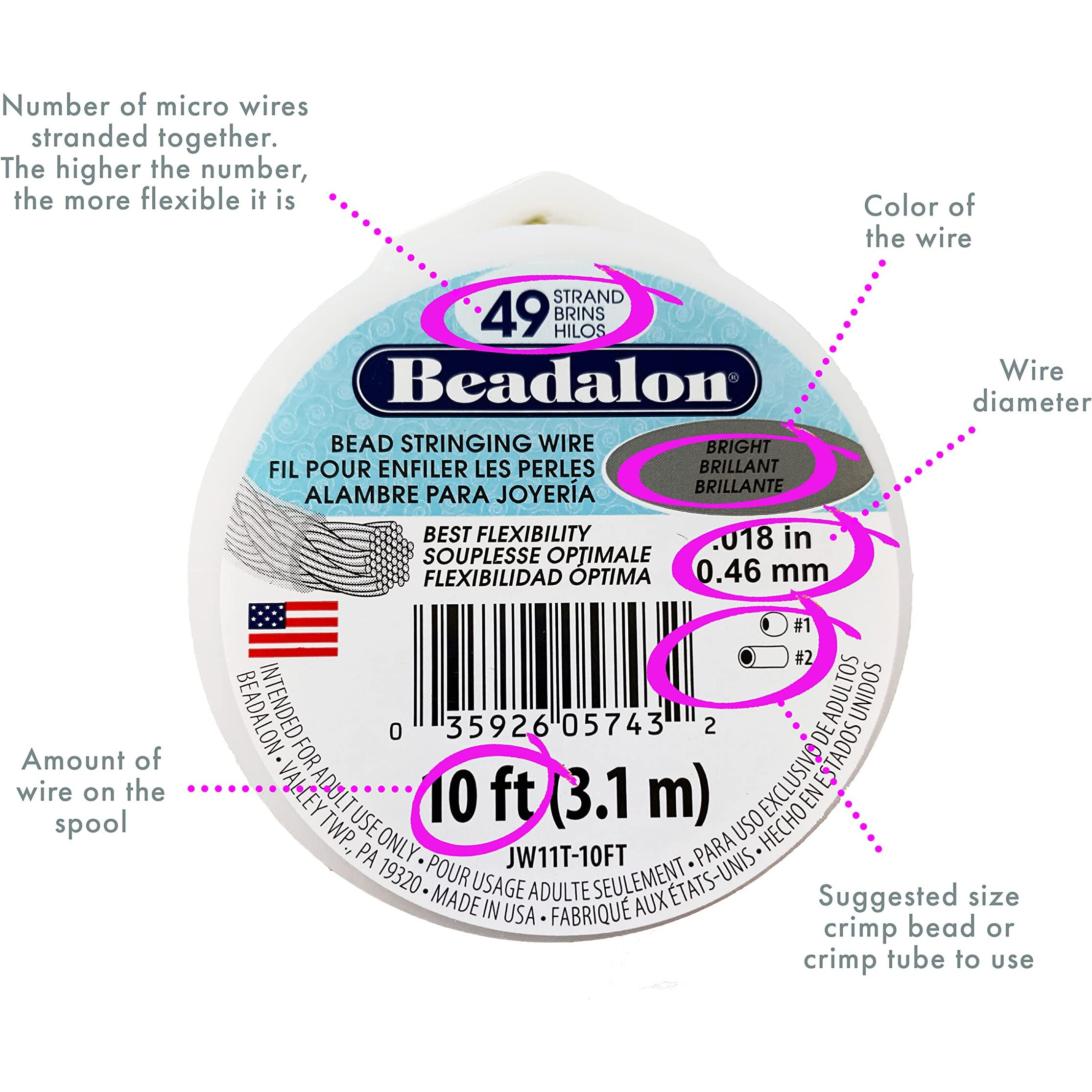 Beadalon 49 Strand Stainless Steel Bead Stringing Wire  .018 In / 0.46 Mm  Bright  10 Ft / 3.1 M