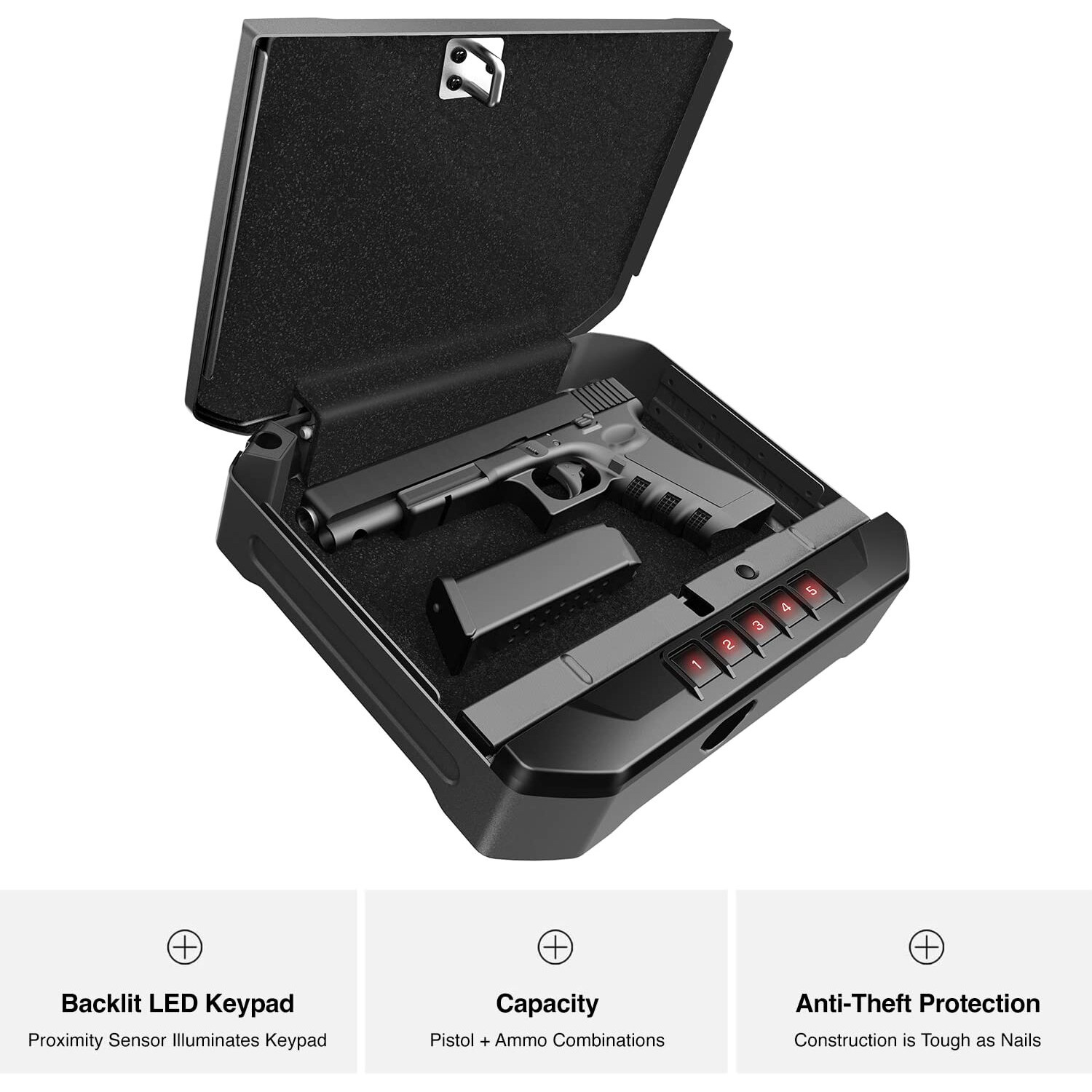 Vaultek Essential Series Quick Access Portable Safe Auto Open Lid Quick-Release Security Cable Rechargeable Lithium-Ion Battery