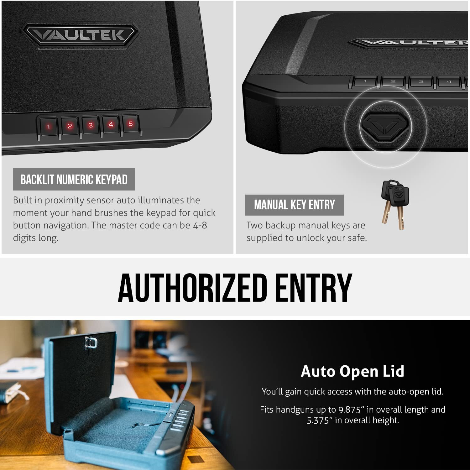 Vaultek Essential Series Quick Access Portable Safe Auto Open Lid Quick-Release Security Cable Rechargeable Lithium-Ion Battery