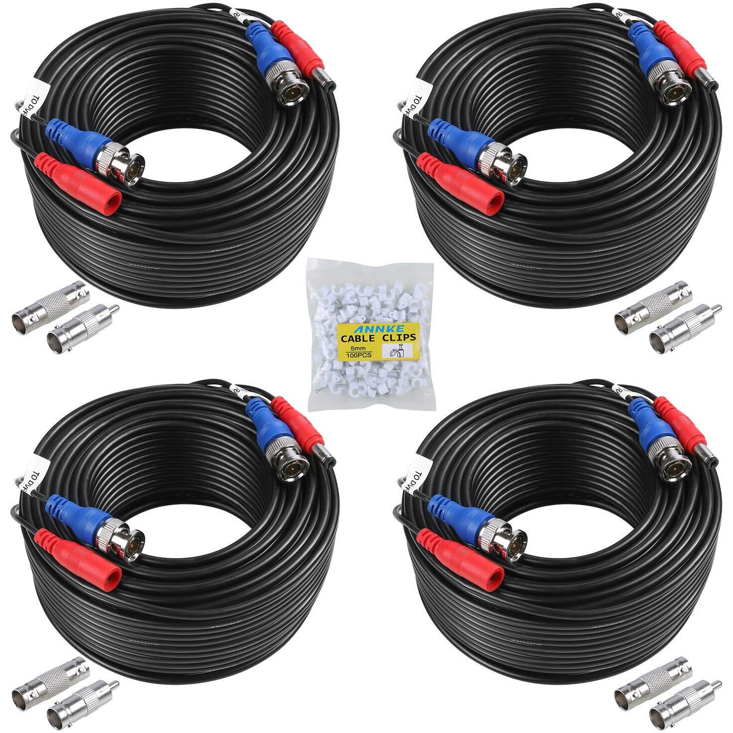 Sannce 4-Pack 100Ft Bnc Video And Power Security Camera Cable With Bnc Connectors And Rca Adapters For Cctv Camera System 100Pcs Cable Clips (Black)