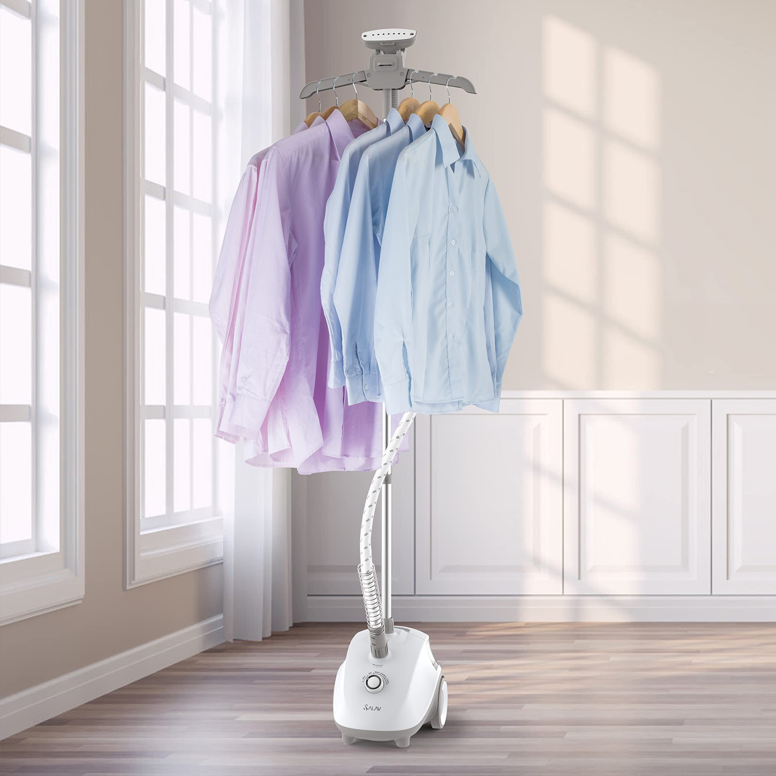 Salav Clothes Steamer With 360 Degree Swivel Hanger  High Efficiency Metal Steam Panel  4 Steam Settings  Free Limescale Removers  1.5L Big Water Tank 1500W Gs24-Bj Upgraded Eddition (White)