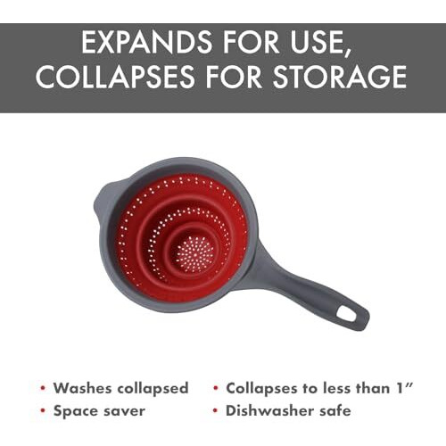 Dexas Pop N Store Collapsible Strainer  8-Inch  Red  1.3 Quarts Capacity  Dishwasher Safe  Space-Saving Design