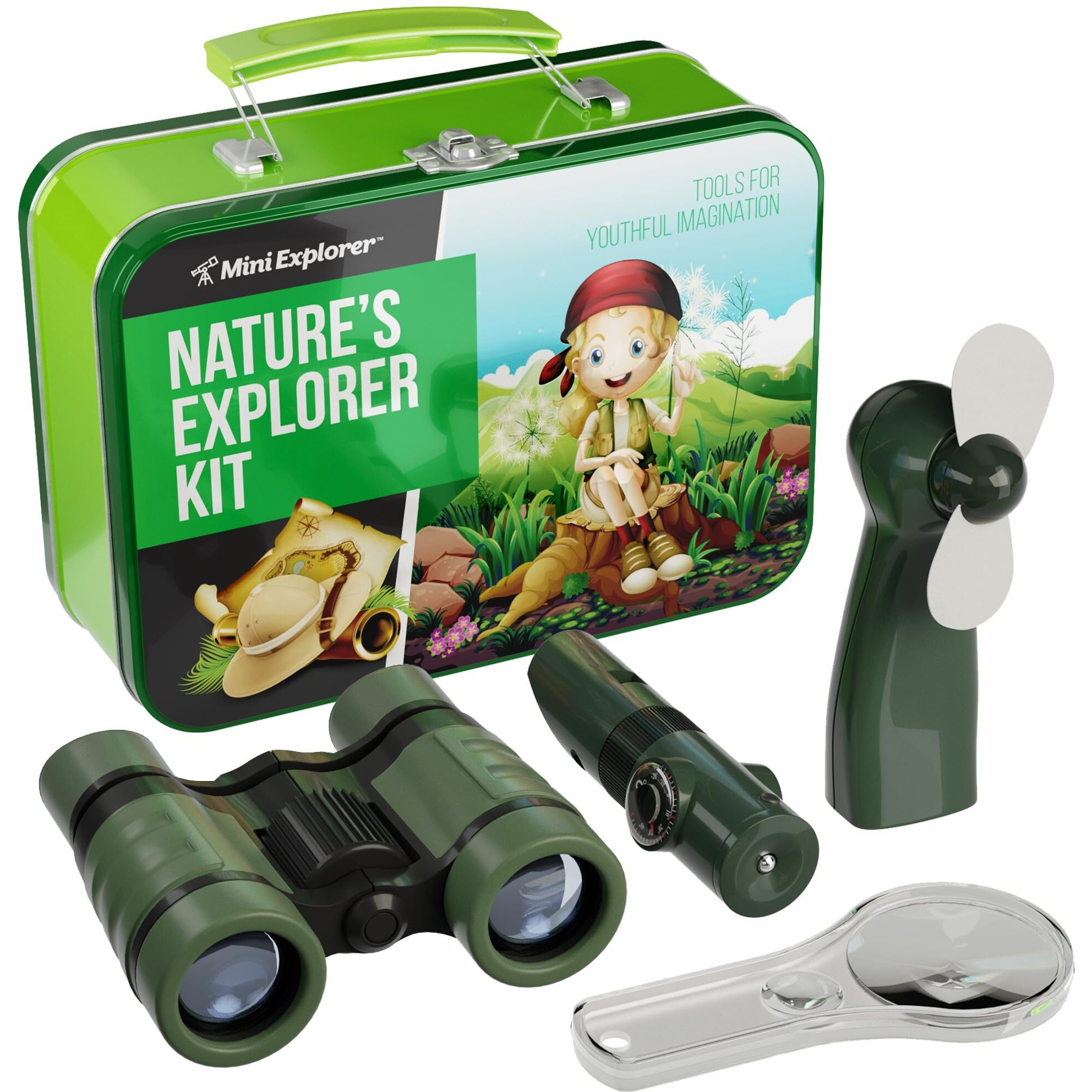 Nature Explorer Kit For Kids - Camping Gear & Accessories Play Toy Gift For Boys Outdoor Childrens Games. Birthday Gifts Toys 6 7 8 Year Old Boy. Binoculars Fan Magnifier Flashlights 5-In-1 Tool